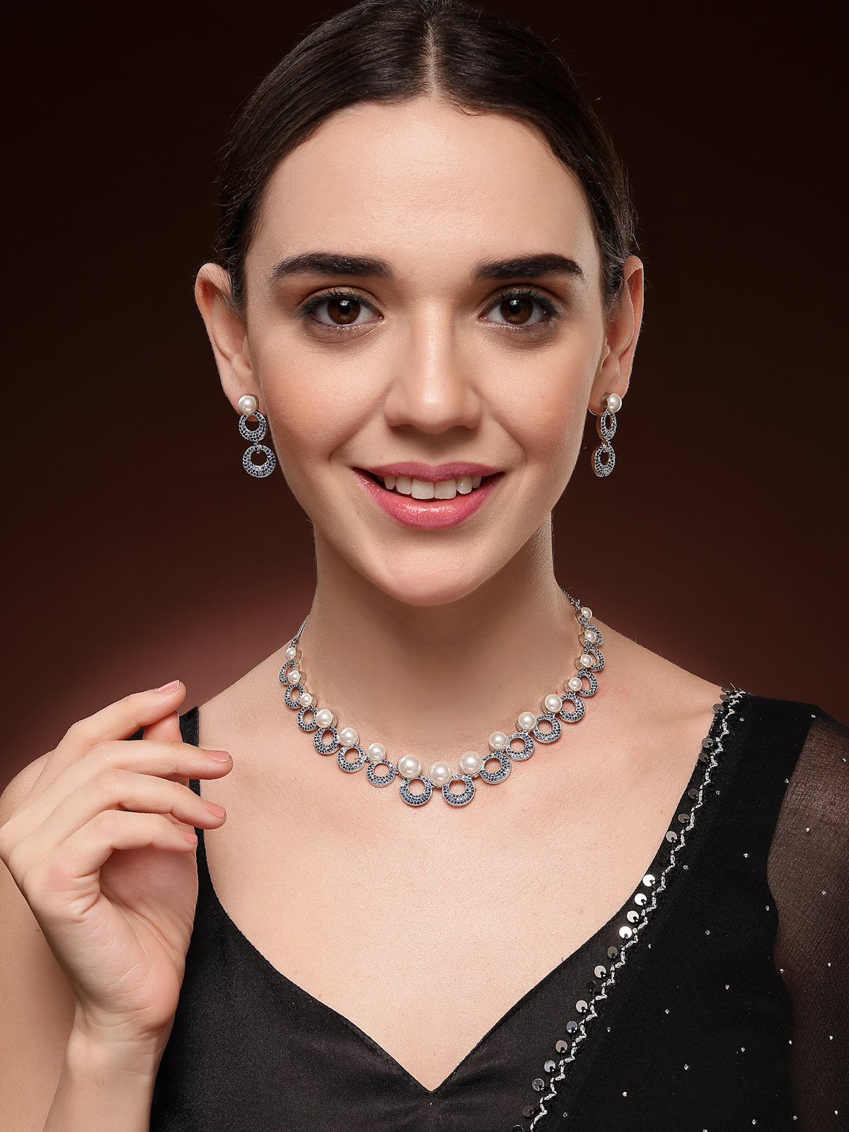 Sukkhi Eye Catchy Rhodium Plated with Cubic Zirconia & Pearl Studded Blue Round Brass Collar Necklace with Drop Earrings Jewellery Set for Women|Latest Stylish Gifts for All Occasions|NS116020