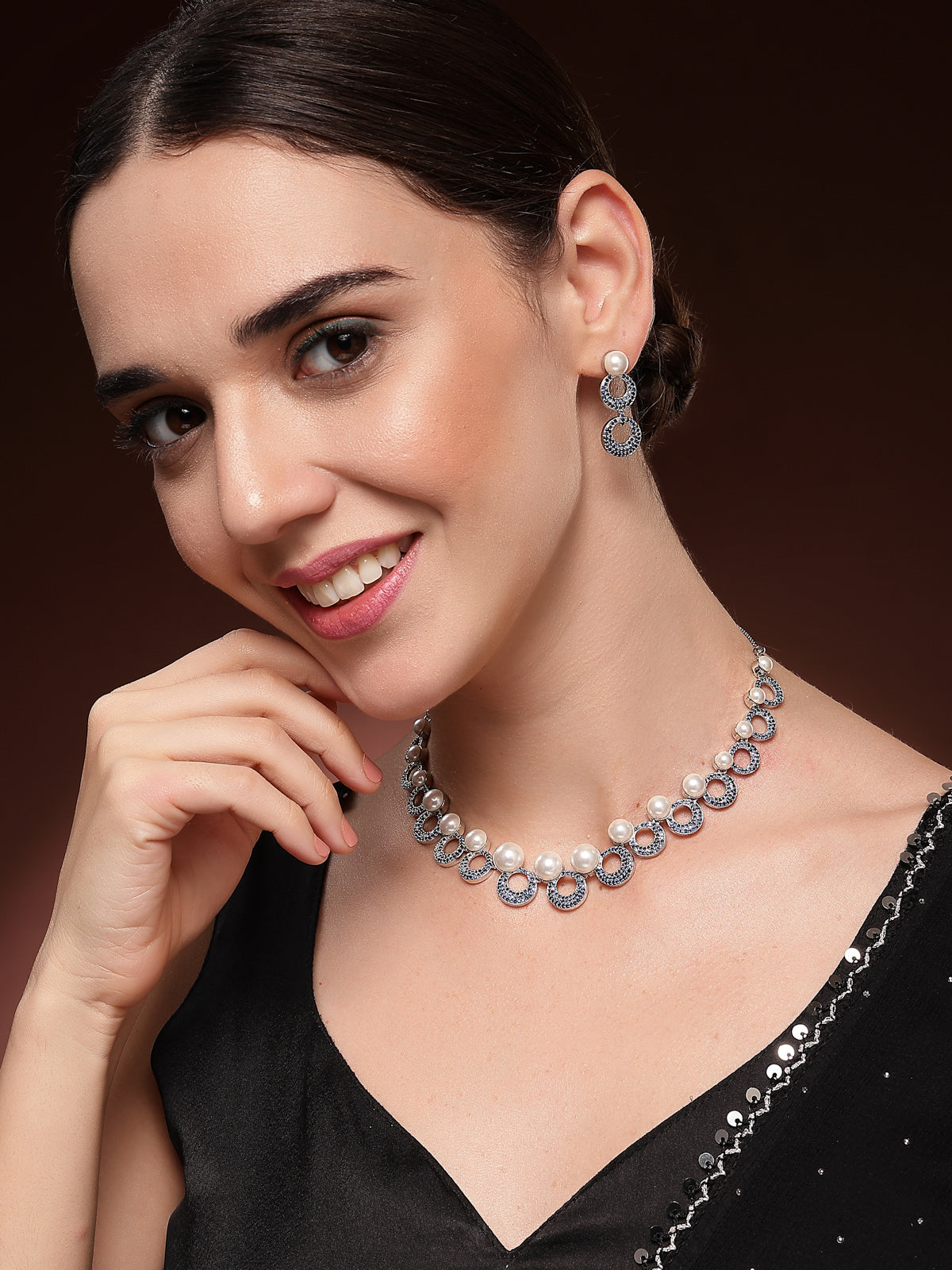Sukkhi Eye Catchy Rhodium Plated with Cubic Zirconia & Pearl Studded Blue Round Brass Collar Necklace with Drop Earrings Jewellery Set for Women|Latest Stylish Gifts for All Occasions|NS116020