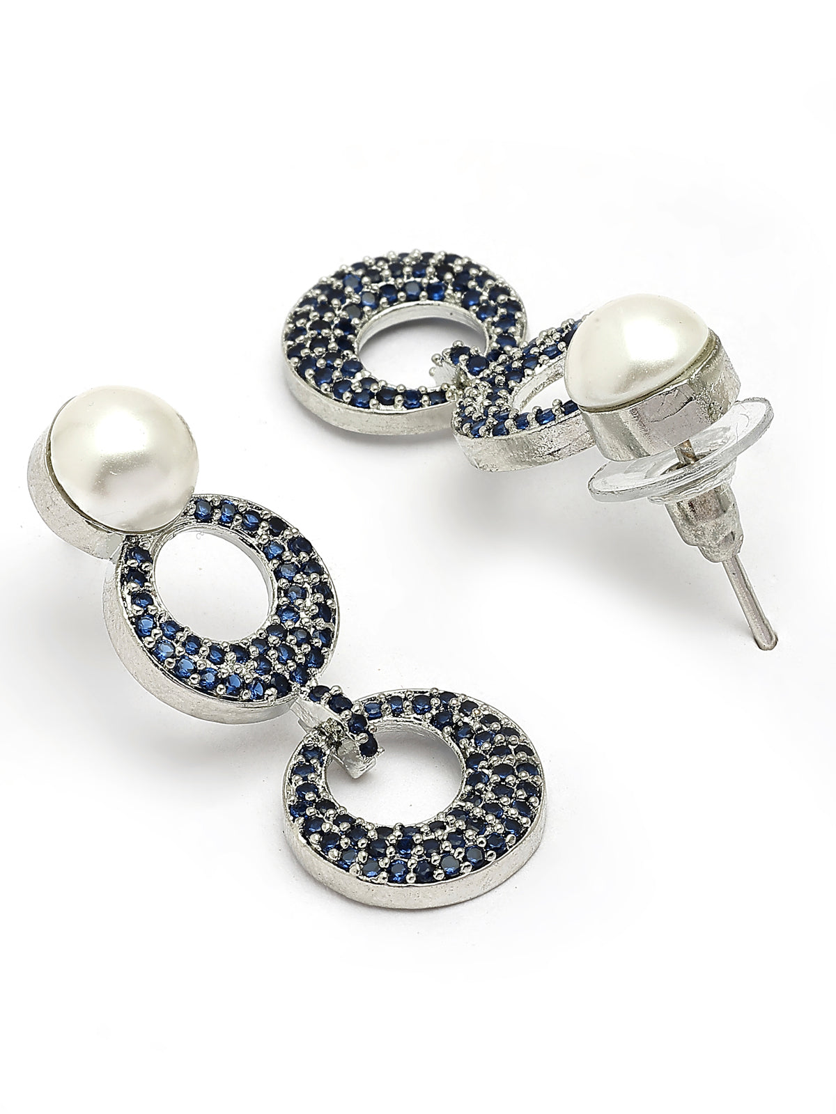 Sukkhi Eye Catchy Rhodium Plated with Cubic Zirconia & Pearl Studded Blue Round Brass Collar Necklace with Drop Earrings Jewellery Set for Women|Latest Stylish Gifts for All Occasions|NS116020