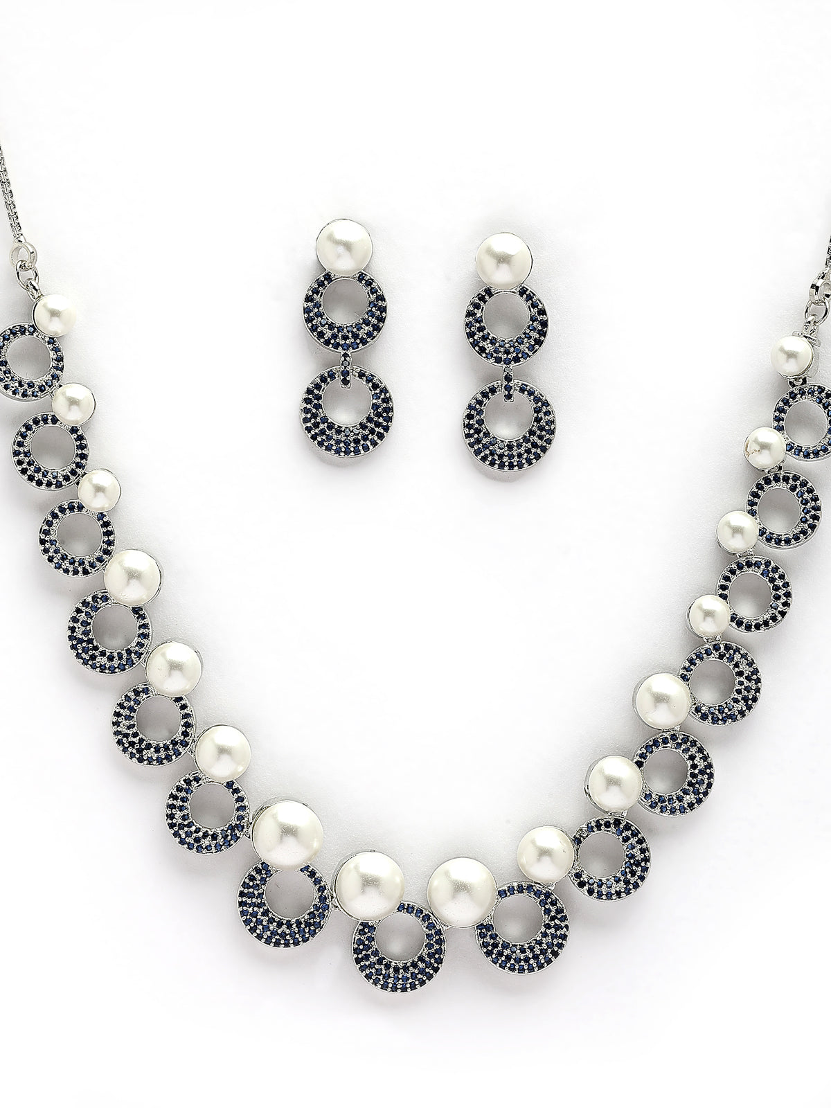 Sukkhi Eye Catchy Rhodium Plated with Cubic Zirconia & Pearl Studded Blue Round Brass Collar Necklace with Drop Earrings Jewellery Set for Women|Latest Stylish Gifts for All Occasions|NS116020