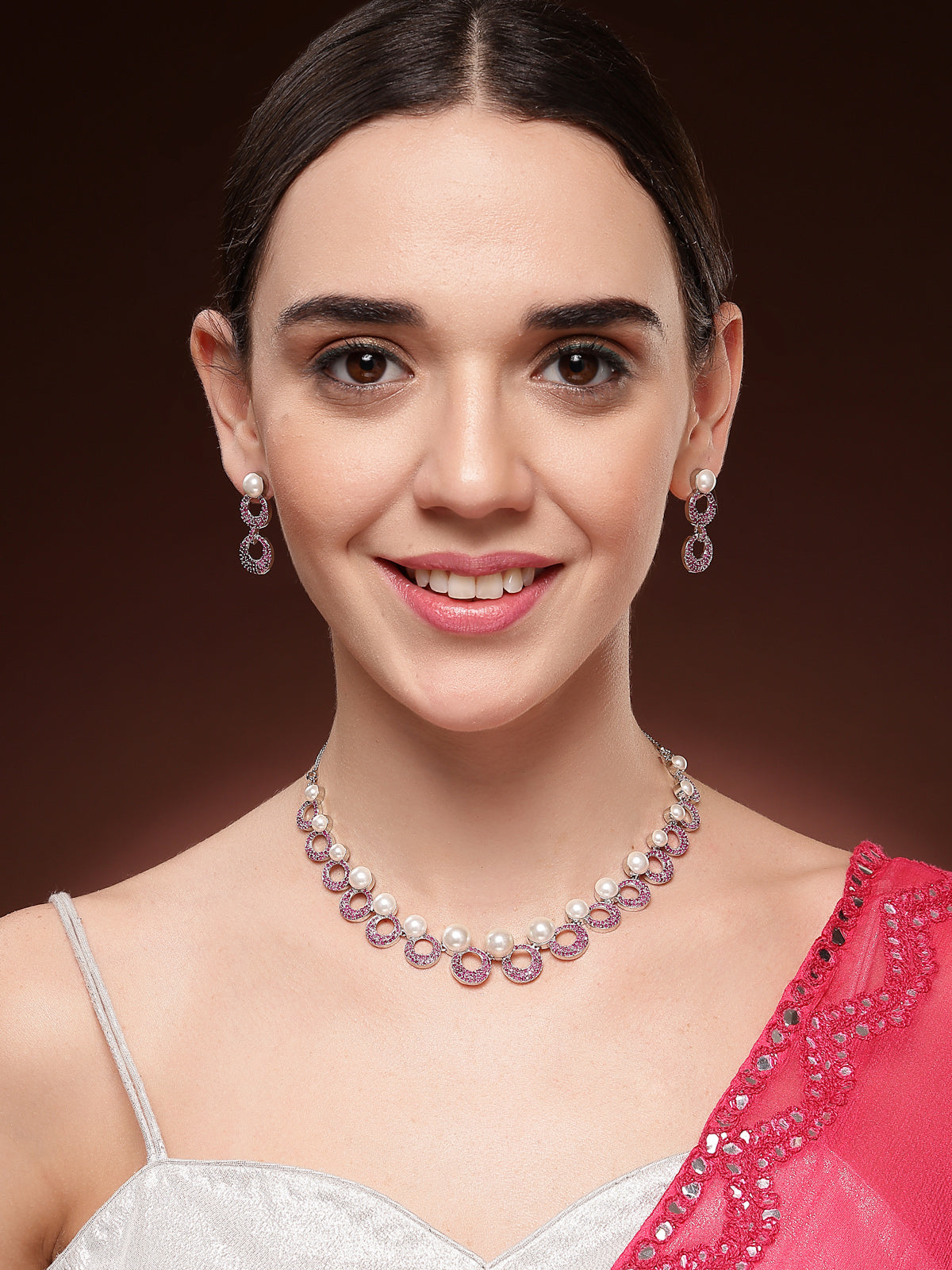 Sukkhi External Stylish Rhodium Plated with Cubic Zirconia & Pearl Studded Red Brass Collar Necklace with Drop Earrings Jewellery Set for Women|Latest Stylish Gifts for All Occasions|NS116021