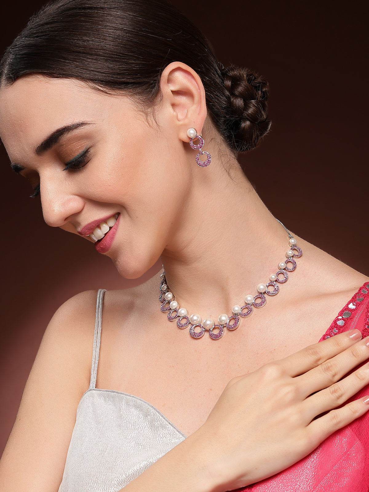 Sukkhi External Stylish Rhodium Plated with Cubic Zirconia & Pearl Studded Red Brass Collar Necklace with Drop Earrings Jewellery Set for Women|Latest Stylish Gifts for All Occasions|NS116021