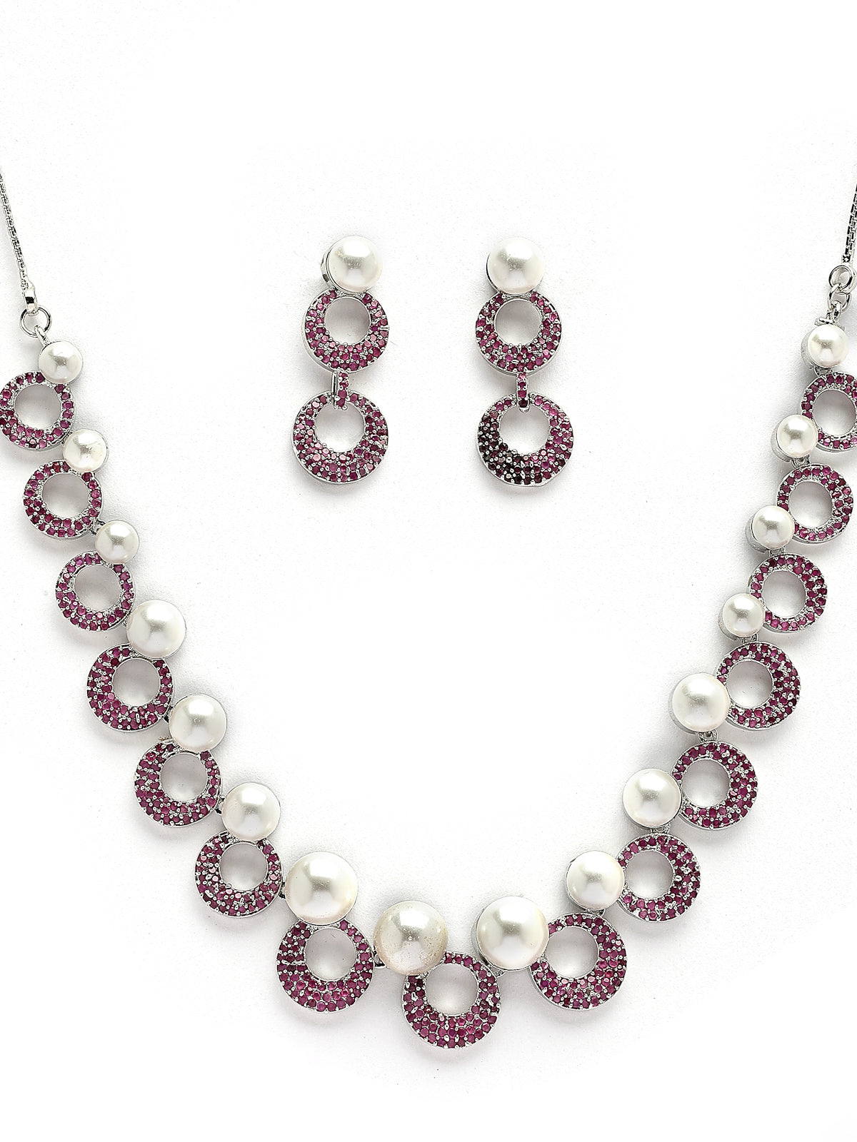 Sukkhi External Stylish Rhodium Plated with Cubic Zirconia & Pearl Studded Red Brass Collar Necklace with Drop Earrings Jewellery Set for Women|Latest Stylish Gifts for All Occasions|NS116021