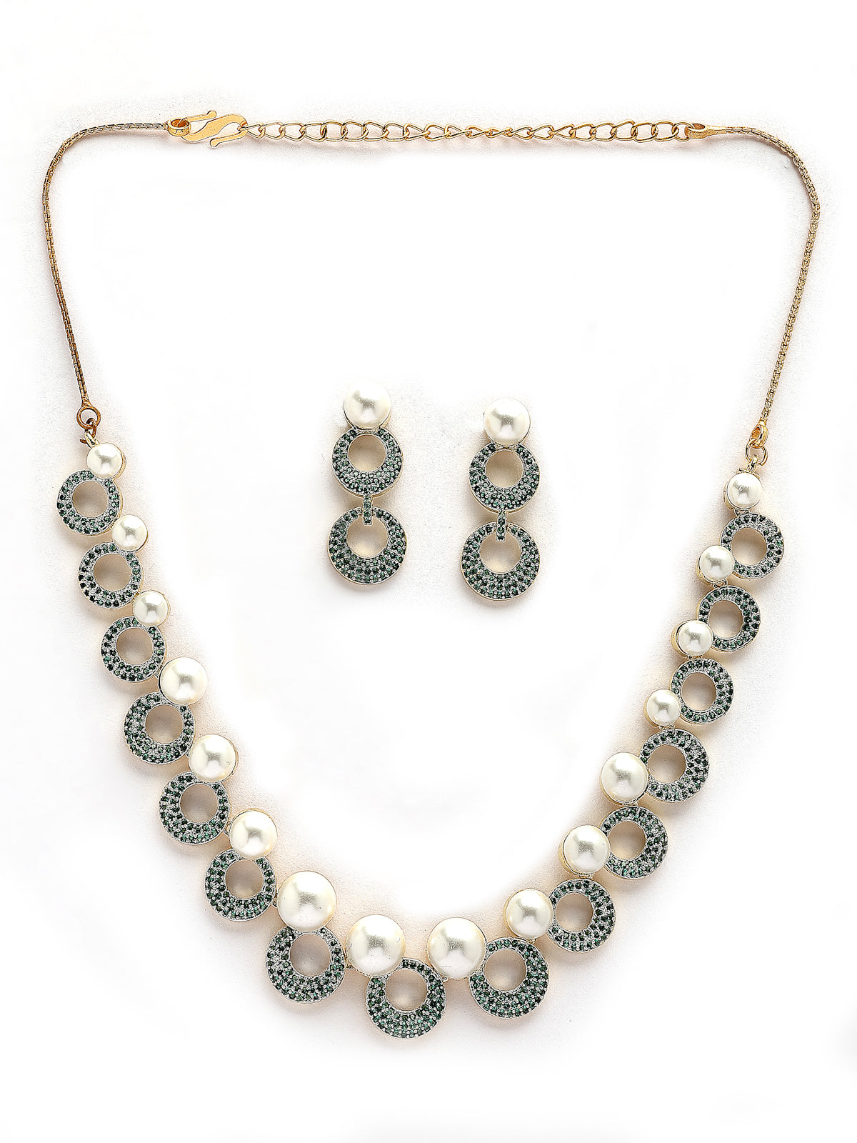 Sukkhi Ornamental Round Design Gold Plated with Cubic Zirconia & Pearl Studded Green Brass Collar Necklace with Drop Earrings Jewellery Set for Women|Latest Stylish Gifts for All Occasions|NS116023