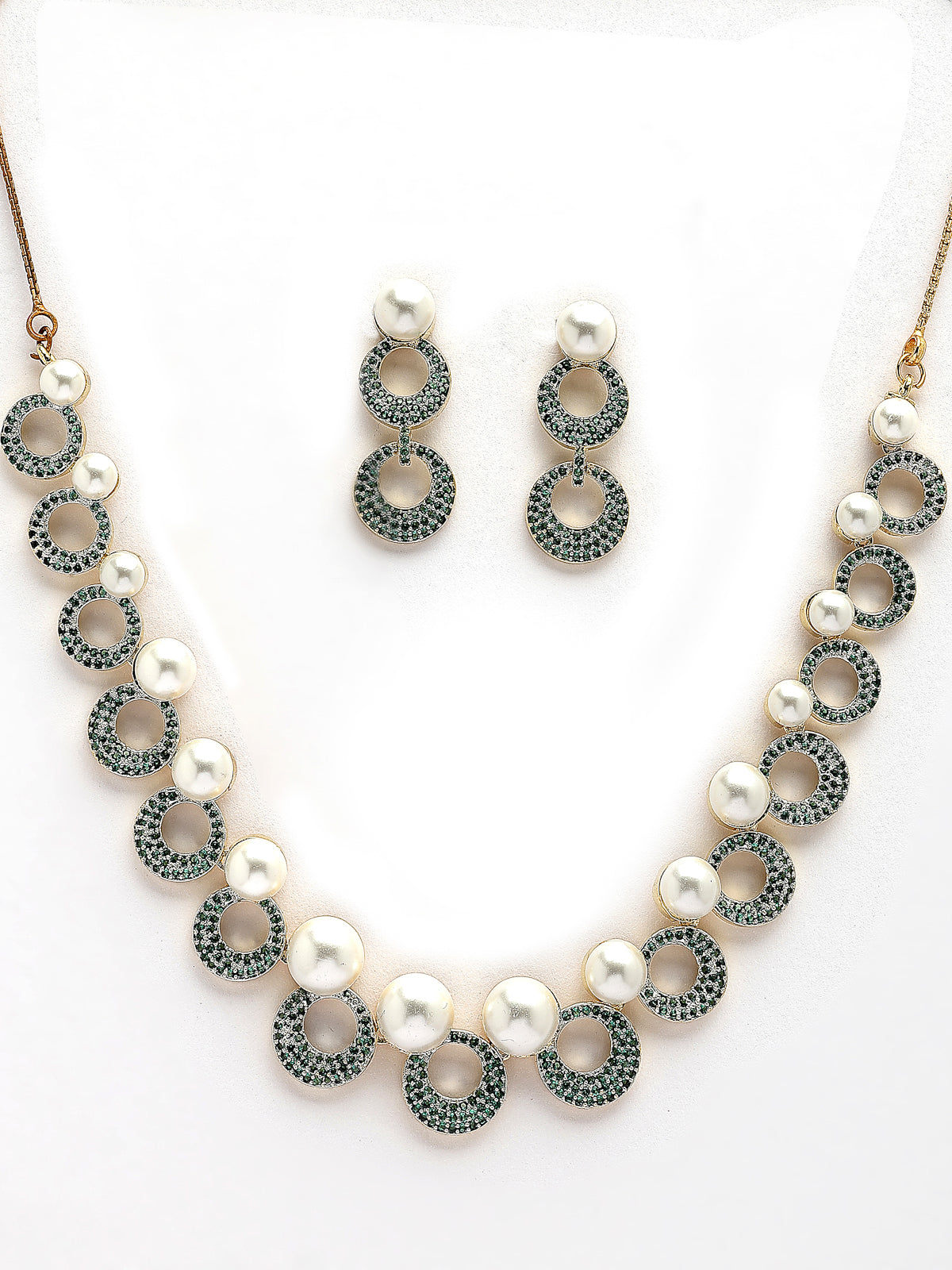 Sukkhi Ornamental Round Design Gold Plated with Cubic Zirconia & Pearl Studded Green Brass Collar Necklace with Drop Earrings Jewellery Set for Women|Latest Stylish Gifts for All Occasions|NS116023