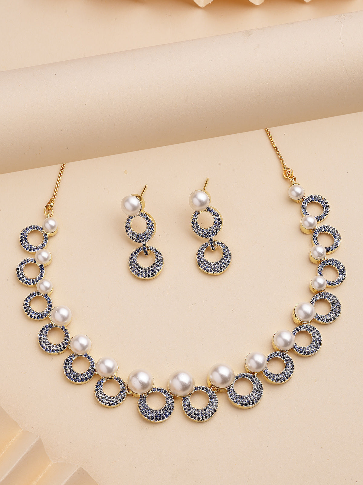 Sukkhi Modern Round Design Gold Plated with Cubic Zirconia & Pearl Studded Blue Brass Collar Necklace with Drop Earrings Jewellery Set for Women|Latest Stylish Gifts for All Occasions|NS116024