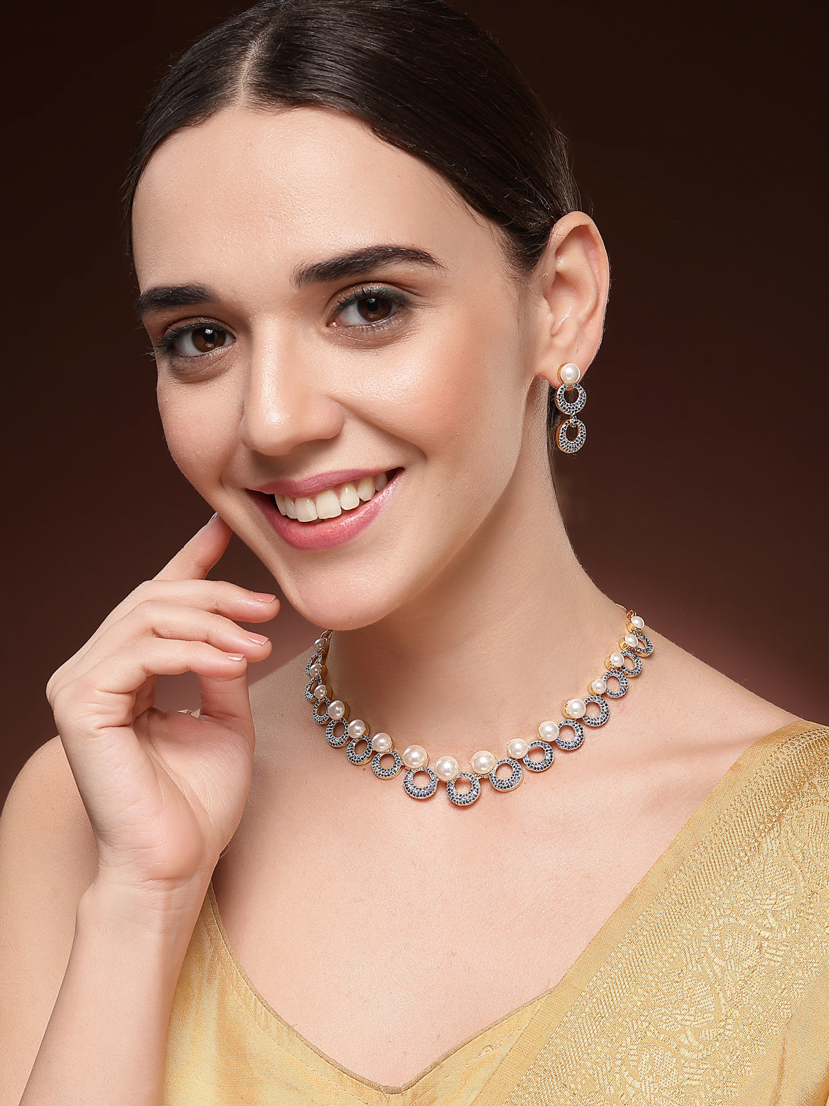 Sukkhi Modern Round Design Gold Plated with Cubic Zirconia & Pearl Studded Blue Brass Collar Necklace with Drop Earrings Jewellery Set for Women|Latest Stylish Gifts for All Occasions|NS116024