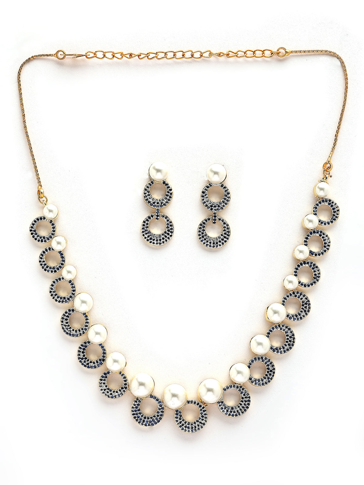 Sukkhi Modern Round Design Gold Plated with Cubic Zirconia & Pearl Studded Blue Brass Collar Necklace with Drop Earrings Jewellery Set for Women|Latest Stylish Gifts for All Occasions|NS116024