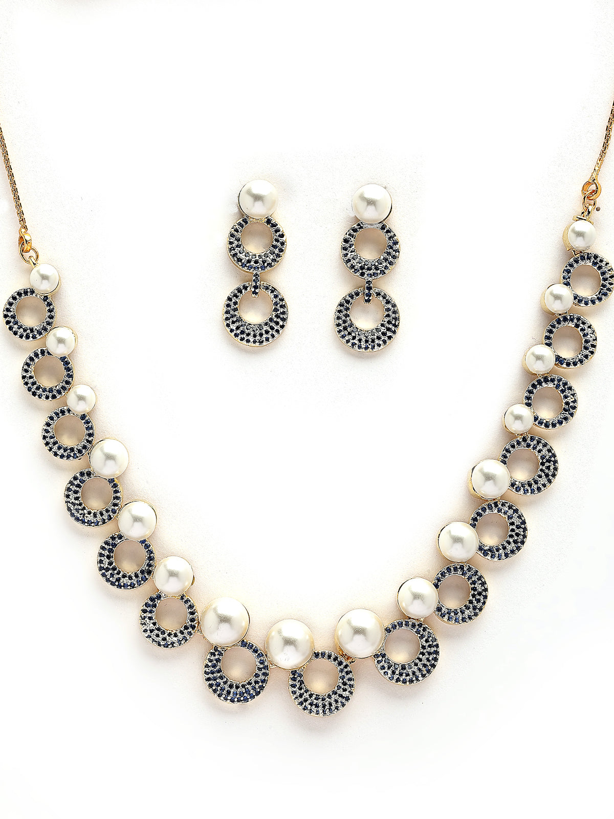 Sukkhi Modern Round Design Gold Plated with Cubic Zirconia & Pearl Studded Blue Brass Collar Necklace with Drop Earrings Jewellery Set for Women|Latest Stylish Gifts for All Occasions|NS116024