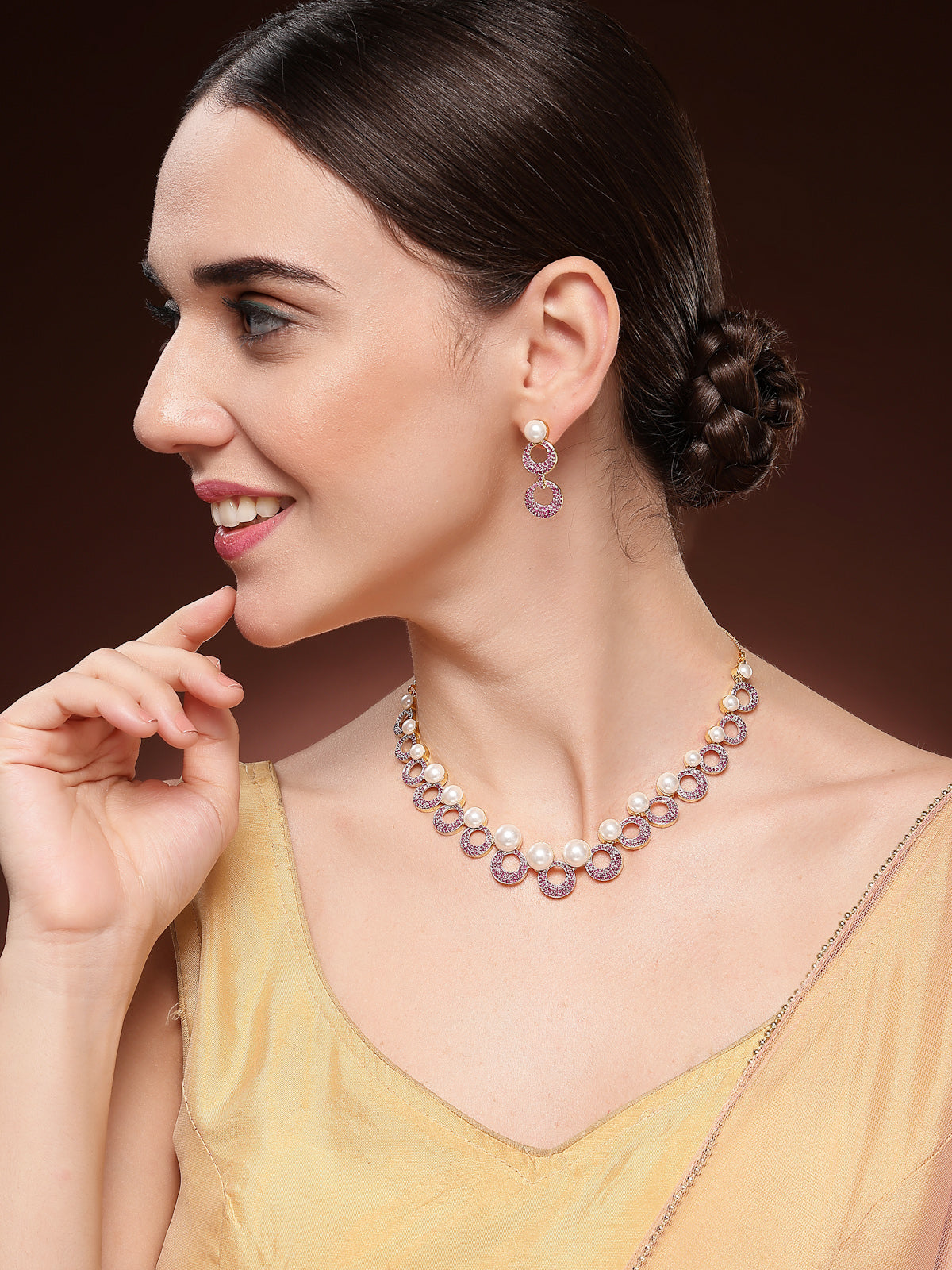 Sukkhi Bewitching Round Design Gold Plated with Cubic Zirconia & Pearl Studded Red Brass Collar Necklace with Drop Earrings Jewellery Set for Women|Latest Stylish Gifts for All Occasions|NS116025