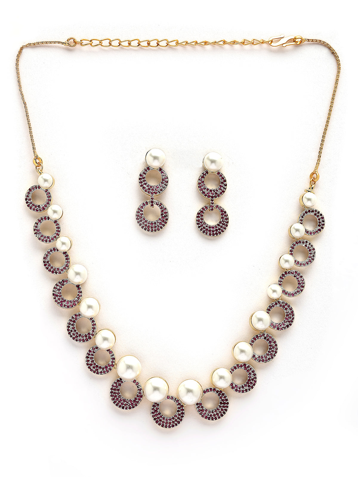 Sukkhi Bewitching Round Design Gold Plated with Cubic Zirconia & Pearl Studded Red Brass Collar Necklace with Drop Earrings Jewellery Set for Women|Latest Stylish Gifts for All Occasions|NS116025