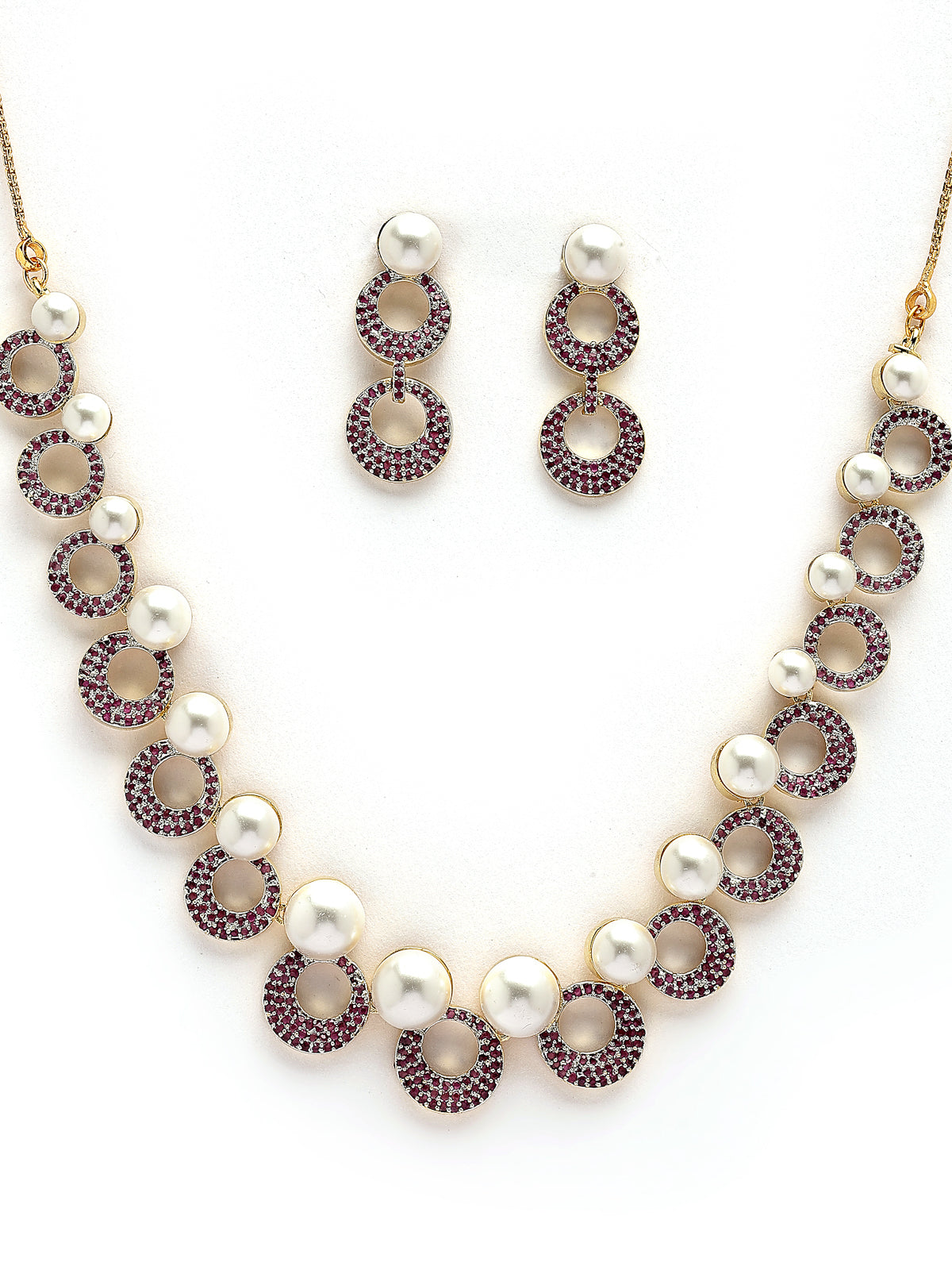 Sukkhi Bewitching Round Design Gold Plated with Cubic Zirconia & Pearl Studded Red Brass Collar Necklace with Drop Earrings Jewellery Set for Women|Latest Stylish Gifts for All Occasions|NS116025