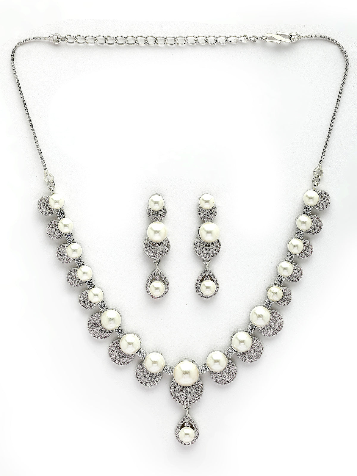 Sukkhi Splendid Round Design Rhodium Plated with Cubic Zirconia & Pearl Studded White Brass Collar Necklace with Drop Earrings Jewellery Set for Women|Latest Stylish Gifts for All Occasions|NS116026