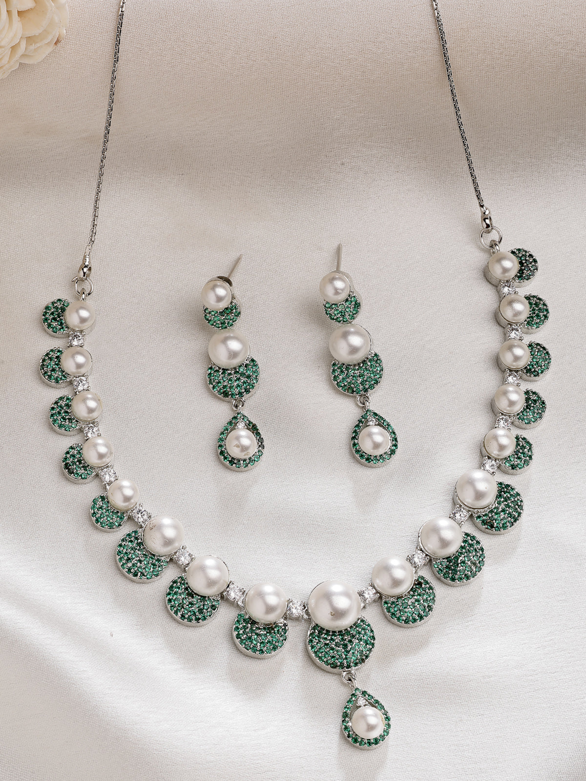 Sukkhi Charming Round Design Rhodium Plated with Cubic Zirconia & Pearl Studded Green Brass Collar Necklace with Drop Earrings Jewellery Set for Women|Latest Stylish Gifts for All Occasions|NS116027