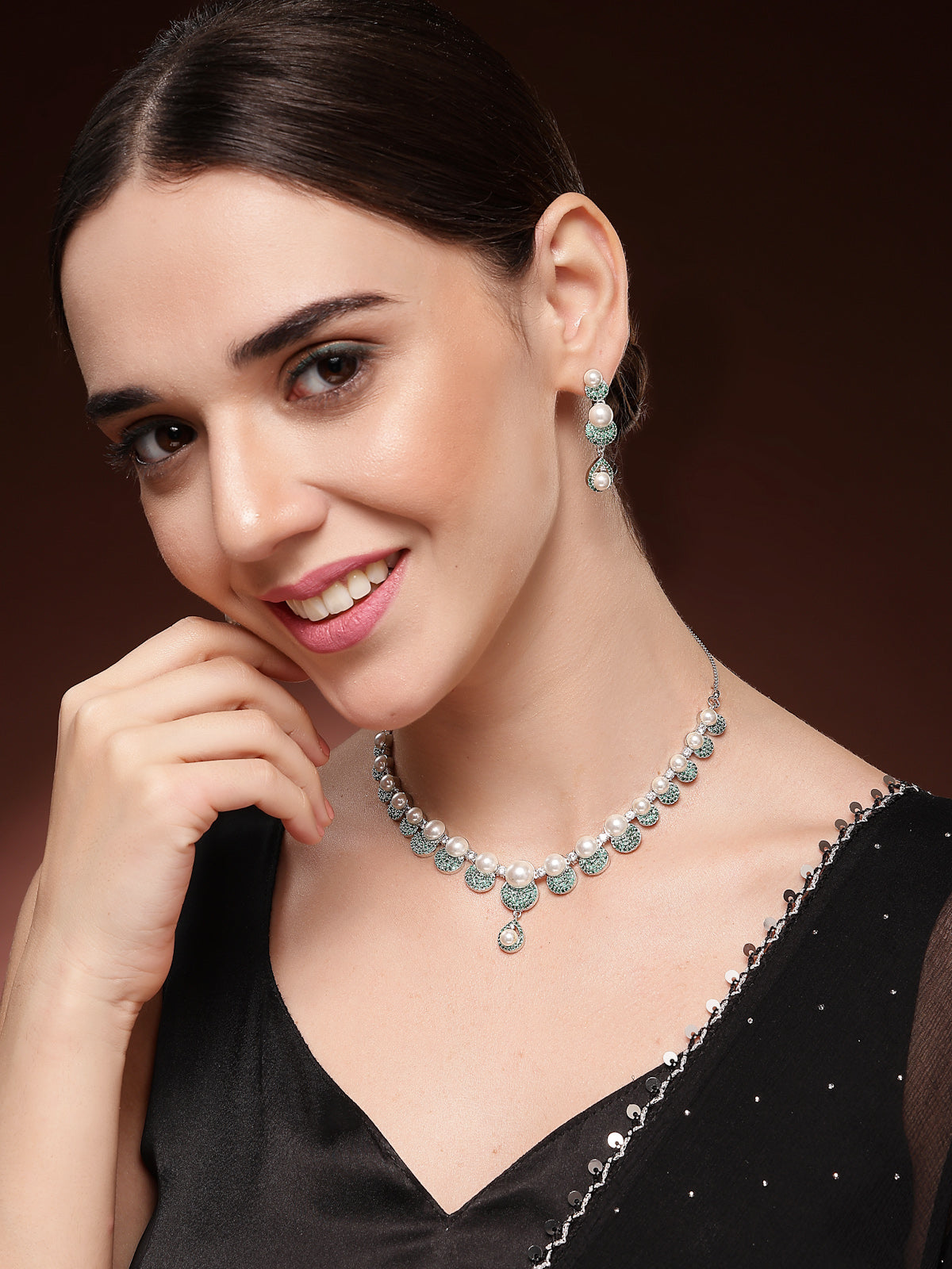 Sukkhi Charming Round Design Rhodium Plated with Cubic Zirconia & Pearl Studded Green Brass Collar Necklace with Drop Earrings Jewellery Set for Women|Latest Stylish Gifts for All Occasions|NS116027