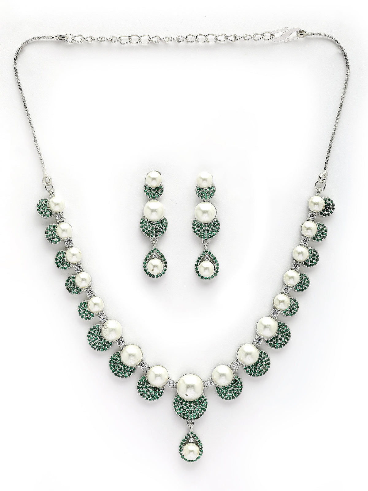 Sukkhi Charming Round Design Rhodium Plated with Cubic Zirconia & Pearl Studded Green Brass Collar Necklace with Drop Earrings Jewellery Set for Women|Latest Stylish Gifts for All Occasions|NS116027