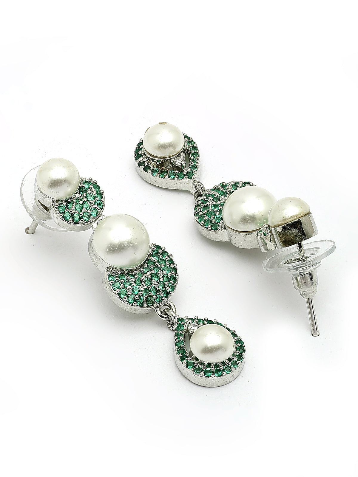 Sukkhi Charming Round Design Rhodium Plated with Cubic Zirconia & Pearl Studded Green Brass Collar Necklace with Drop Earrings Jewellery Set for Women|Latest Stylish Gifts for All Occasions|NS116027