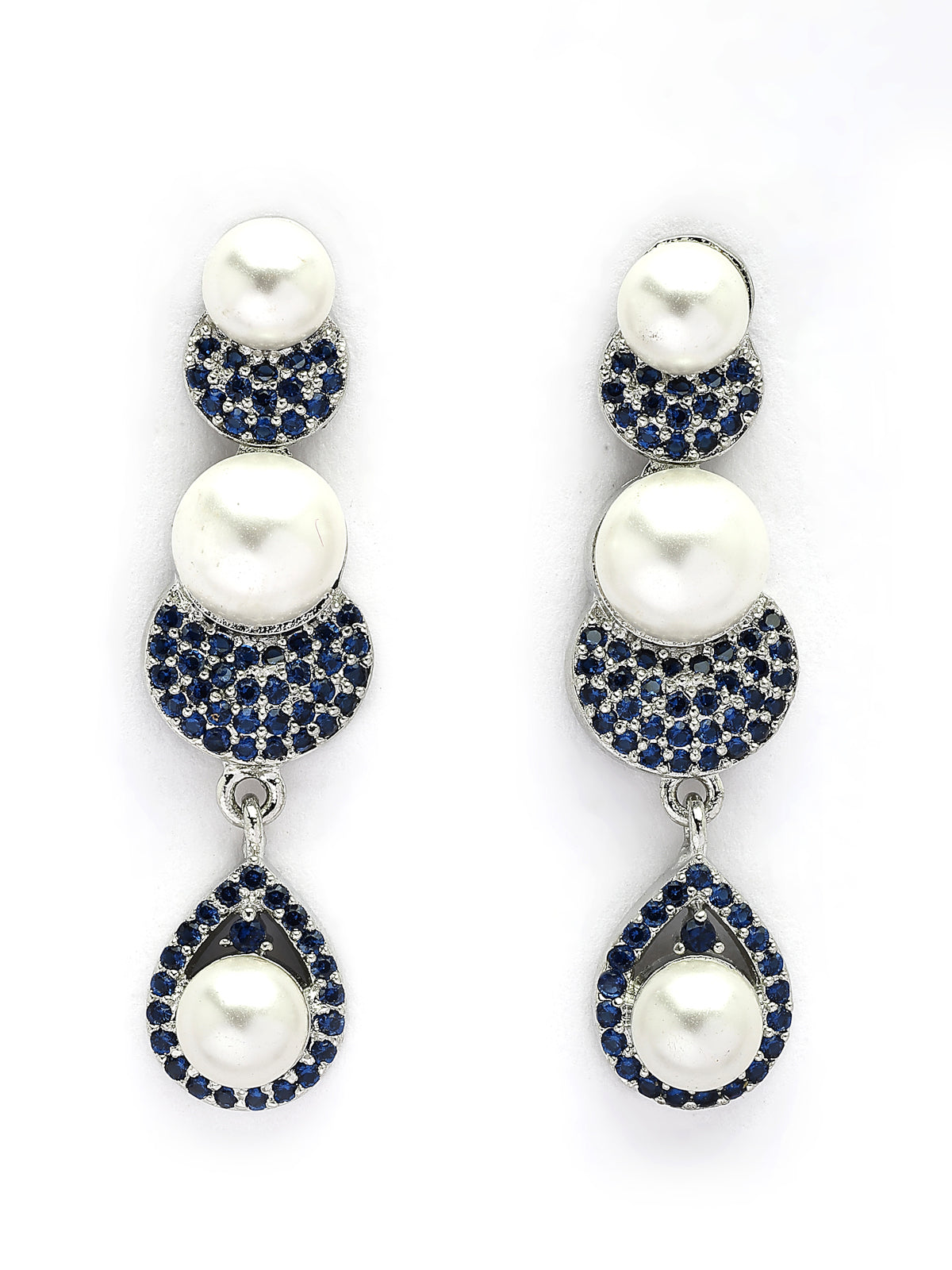 Sukkhi Smart Round Design Rhodium Plated with Cubic Zirconia & Pearl Studded Blue Brass Collar Necklace with Drop Earrings Jewellery Set for Women|Latest Stylish Gifts for All Occasions|NS116028