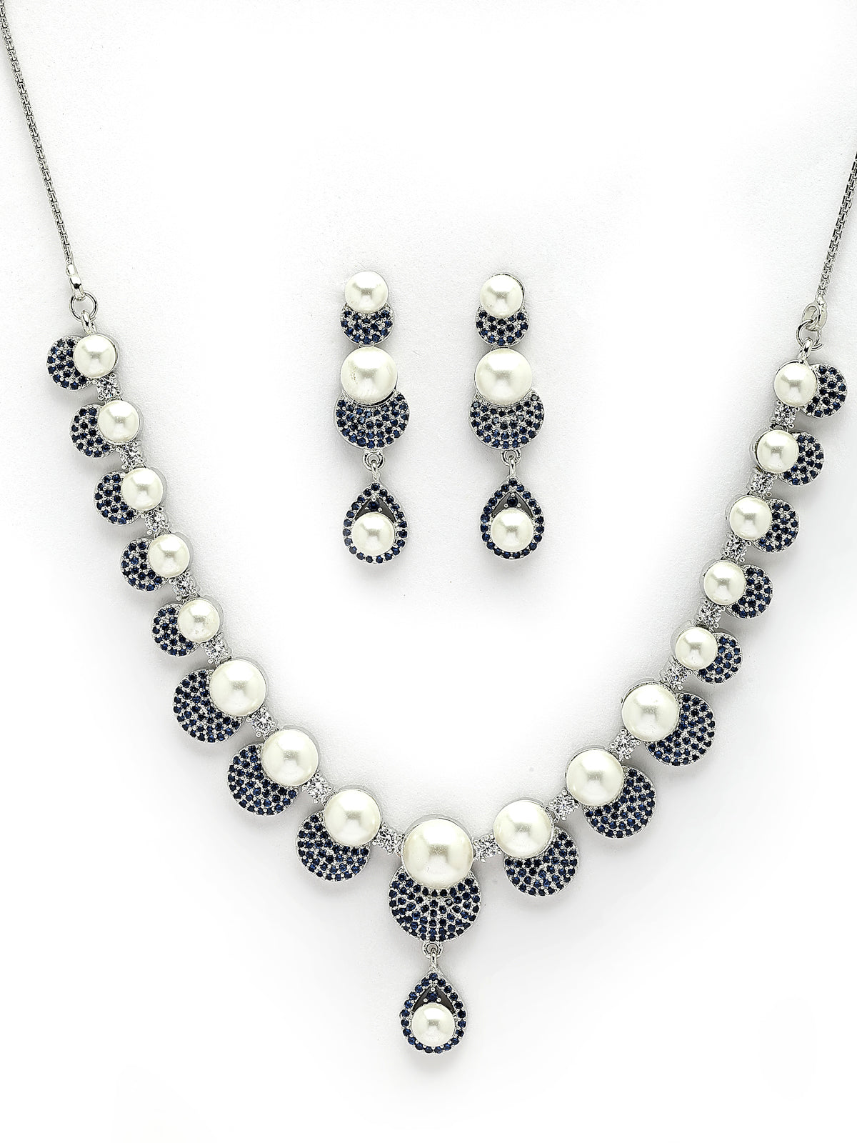 Sukkhi Smart Round Design Rhodium Plated with Cubic Zirconia & Pearl Studded Blue Brass Collar Necklace with Drop Earrings Jewellery Set for Women|Latest Stylish Gifts for All Occasions|NS116028