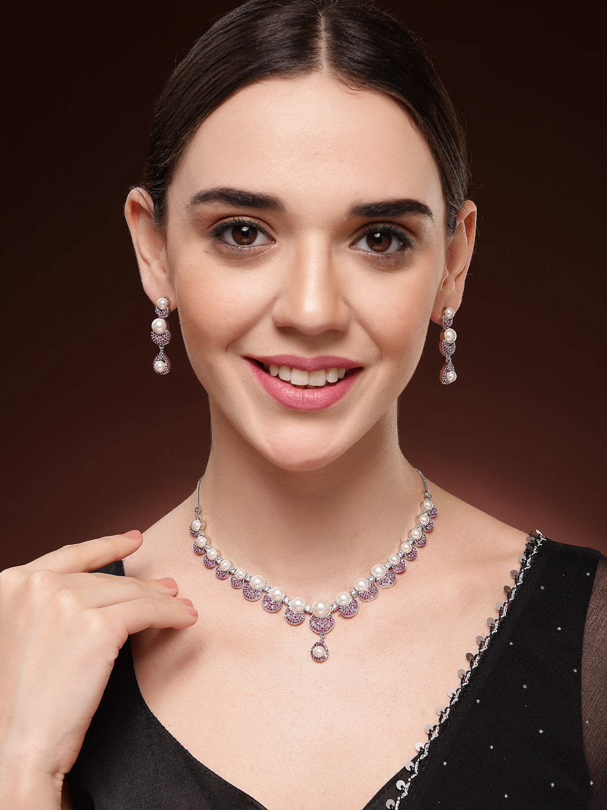 Sukkhi Flawless Round Design Rhodium Plated with Cubic Zirconia & Pearl Studded Red Brass Collar Necklace with Drop Earrings Jewellery Set for Women|Latest Stylish Gifts for All Occasions|NS116029