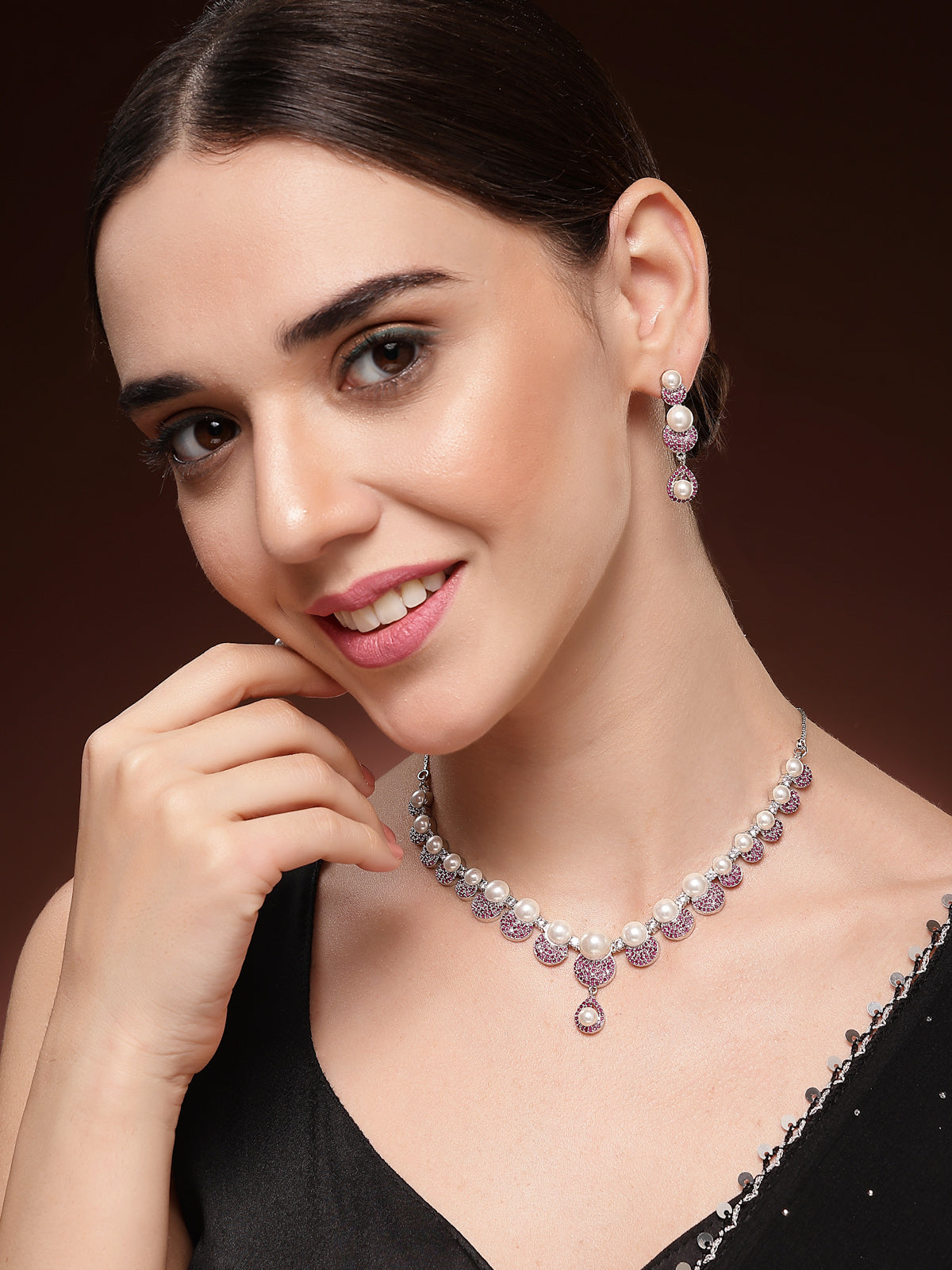 Sukkhi Flawless Round Design Rhodium Plated with Cubic Zirconia & Pearl Studded Red Brass Collar Necklace with Drop Earrings Jewellery Set for Women|Latest Stylish Gifts for All Occasions|NS116029