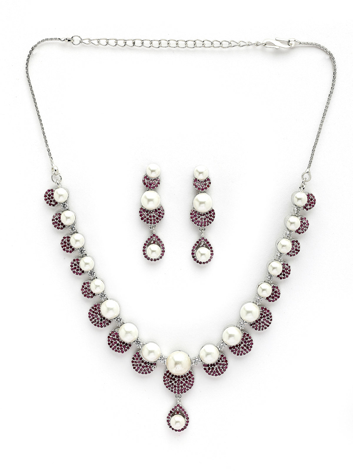Sukkhi Flawless Round Design Rhodium Plated with Cubic Zirconia & Pearl Studded Red Brass Collar Necklace with Drop Earrings Jewellery Set for Women|Latest Stylish Gifts for All Occasions|NS116029