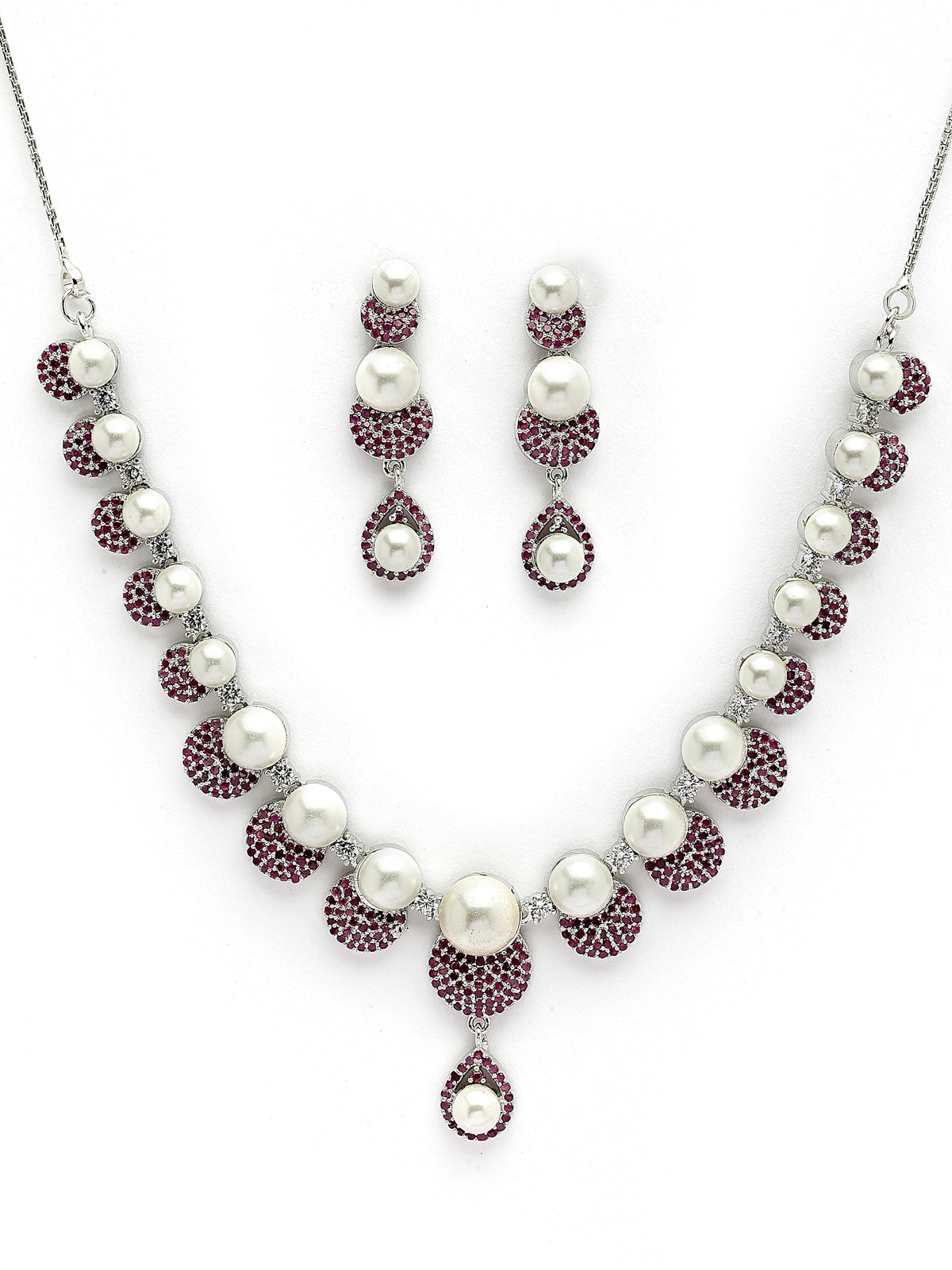Sukkhi Flawless Round Design Rhodium Plated with Cubic Zirconia & Pearl Studded Red Brass Collar Necklace with Drop Earrings Jewellery Set for Women|Latest Stylish Gifts for All Occasions|NS116029
