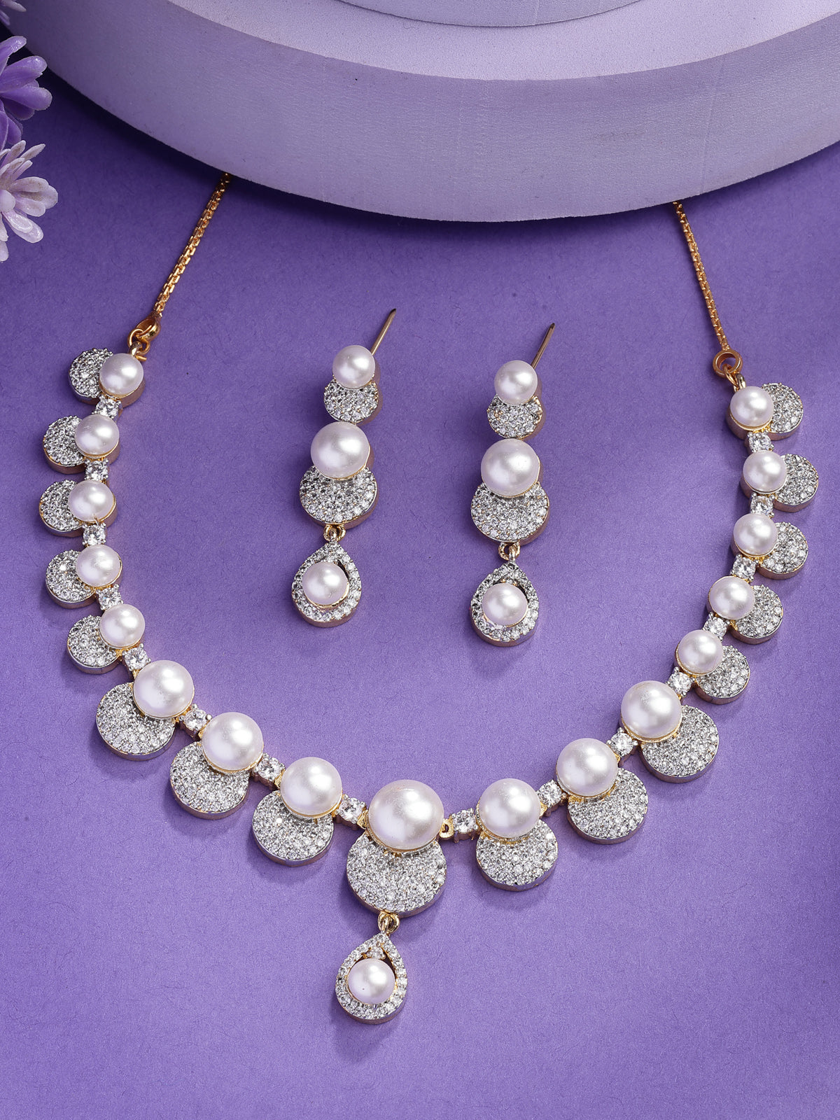 Sukkhi Versatile Round Design Gold Plated with Cubic Zirconia & Pearl Studded White Brass Collar Necklace with Drop Earrings Jewellery Set for Women|Latest Stylish Gifts for All Occasions|NS116030