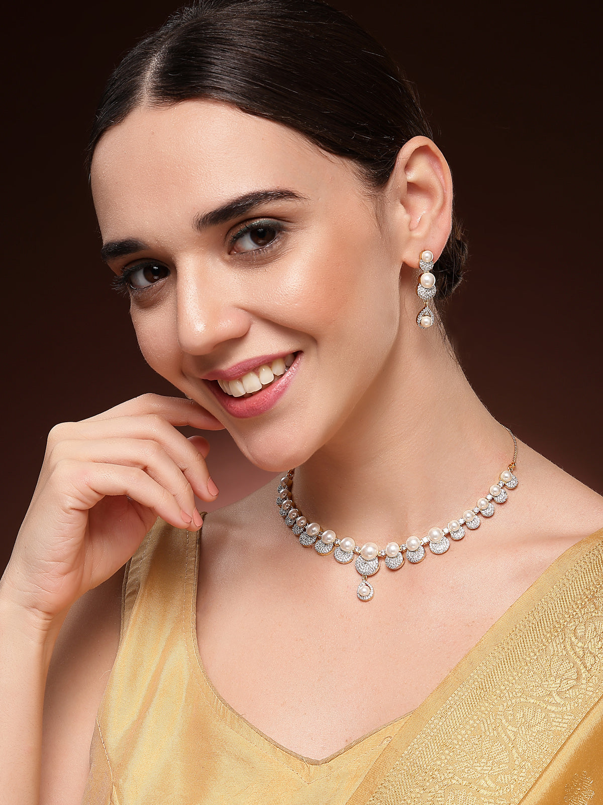 Sukkhi Versatile Round Design Gold Plated with Cubic Zirconia & Pearl Studded White Brass Collar Necklace with Drop Earrings Jewellery Set for Women|Latest Stylish Gifts for All Occasions|NS116030