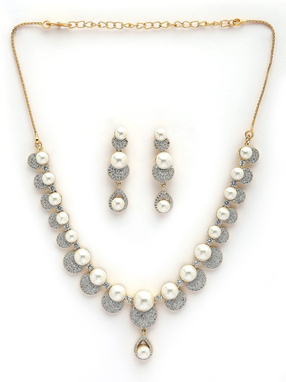 Sukkhi Versatile Round Design Gold Plated with Cubic Zirconia & Pearl Studded White Brass Collar Necklace with Drop Earrings Jewellery Set for Women|Latest Stylish Gifts for All Occasions|NS116030