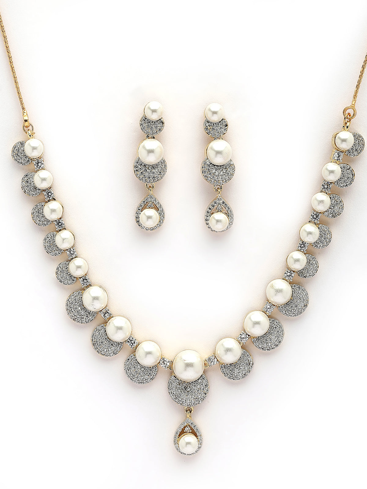 Sukkhi Versatile Round Design Gold Plated with Cubic Zirconia & Pearl Studded White Brass Collar Necklace with Drop Earrings Jewellery Set for Women|Latest Stylish Gifts for All Occasions|NS116030