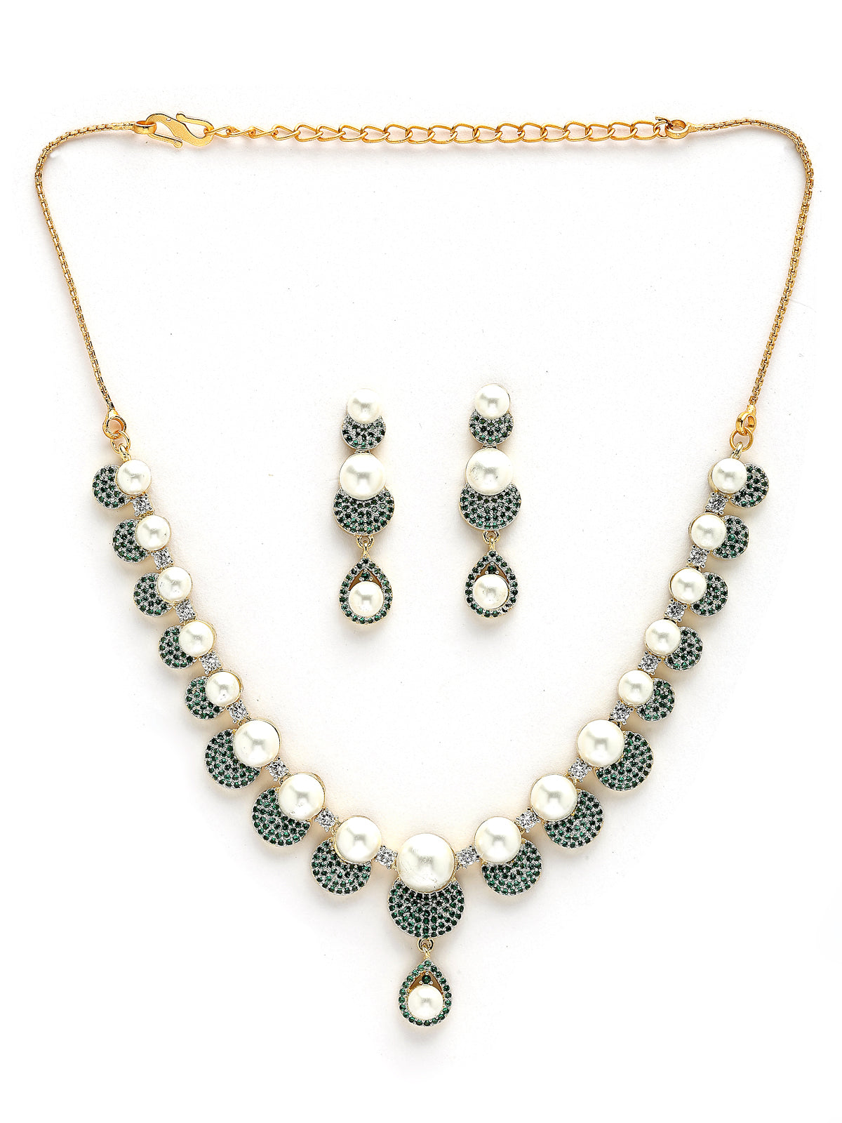 Sukkhi Stylish Geometric Design Gold Plated with Cubic Zirconia Pearl Studded Green Brass Collar Necklace with Drop Earrings Jewellery Set for Women|Latest Stylish Gifts for All Occasions|NS116031