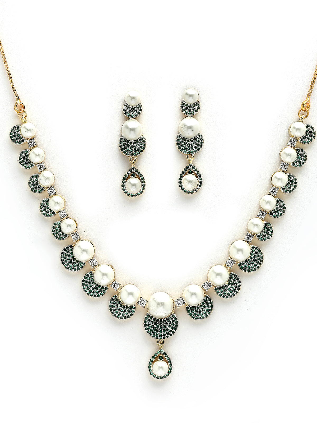 Sukkhi Stylish Geometric Design Gold Plated with Cubic Zirconia Pearl Studded Green Brass Collar Necklace with Drop Earrings Jewellery Set for Women|Latest Stylish Gifts for All Occasions|NS116031