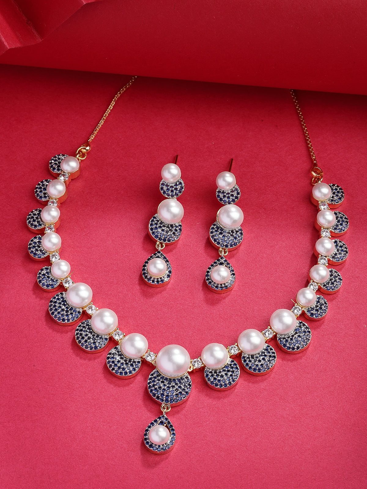 Sukkhi Splendid Geometric Design Gold Plated with Cubic Zirconia & Pearl Studded Blue Brass Collar Necklace with Drop Earrings Jewellery Set for Women|Latest Stylish Gifts for All Occasions|NS116032