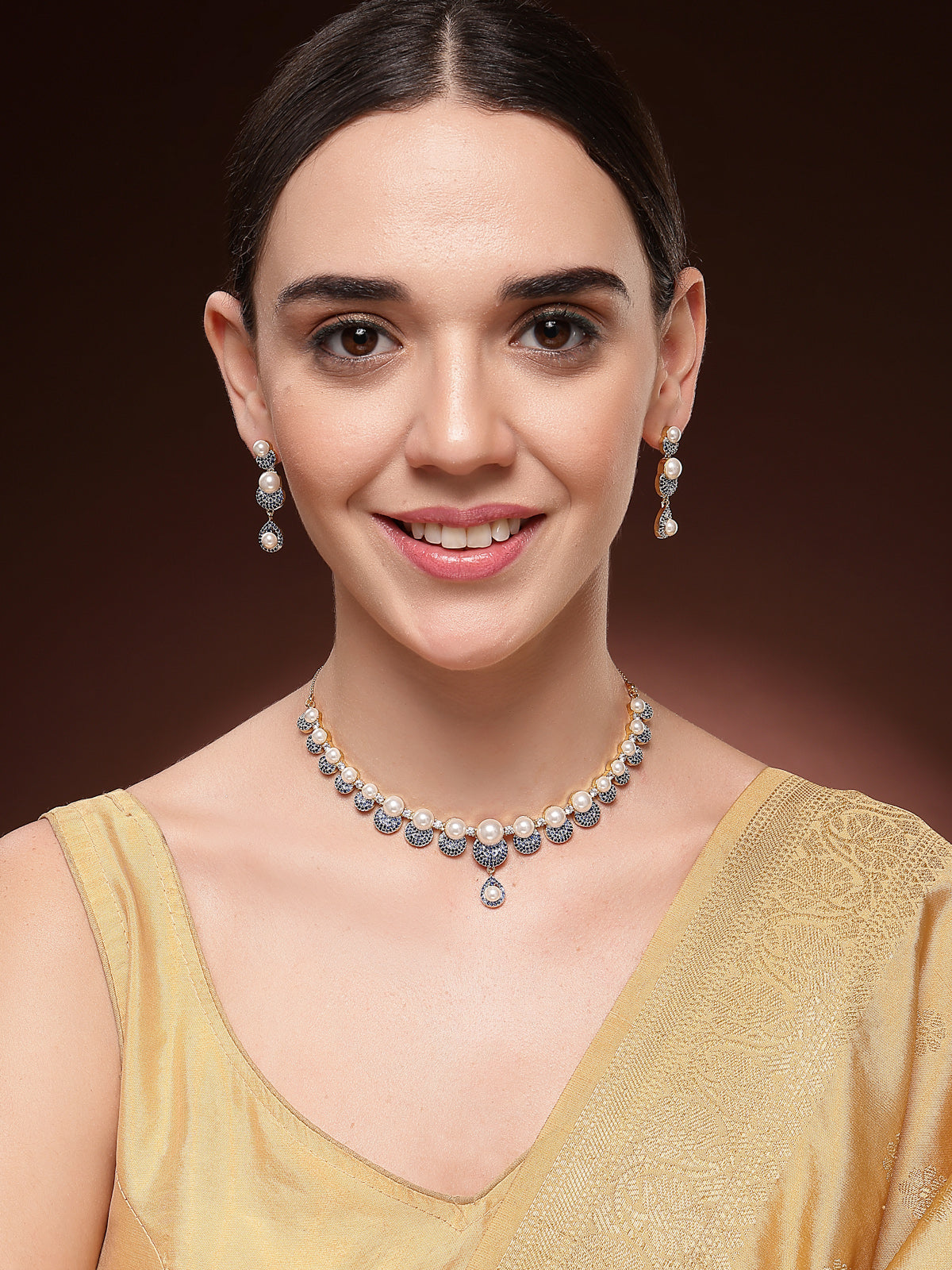 Sukkhi Splendid Geometric Design Gold Plated with Cubic Zirconia & Pearl Studded Blue Brass Collar Necklace with Drop Earrings Jewellery Set for Women|Latest Stylish Gifts for All Occasions|NS116032