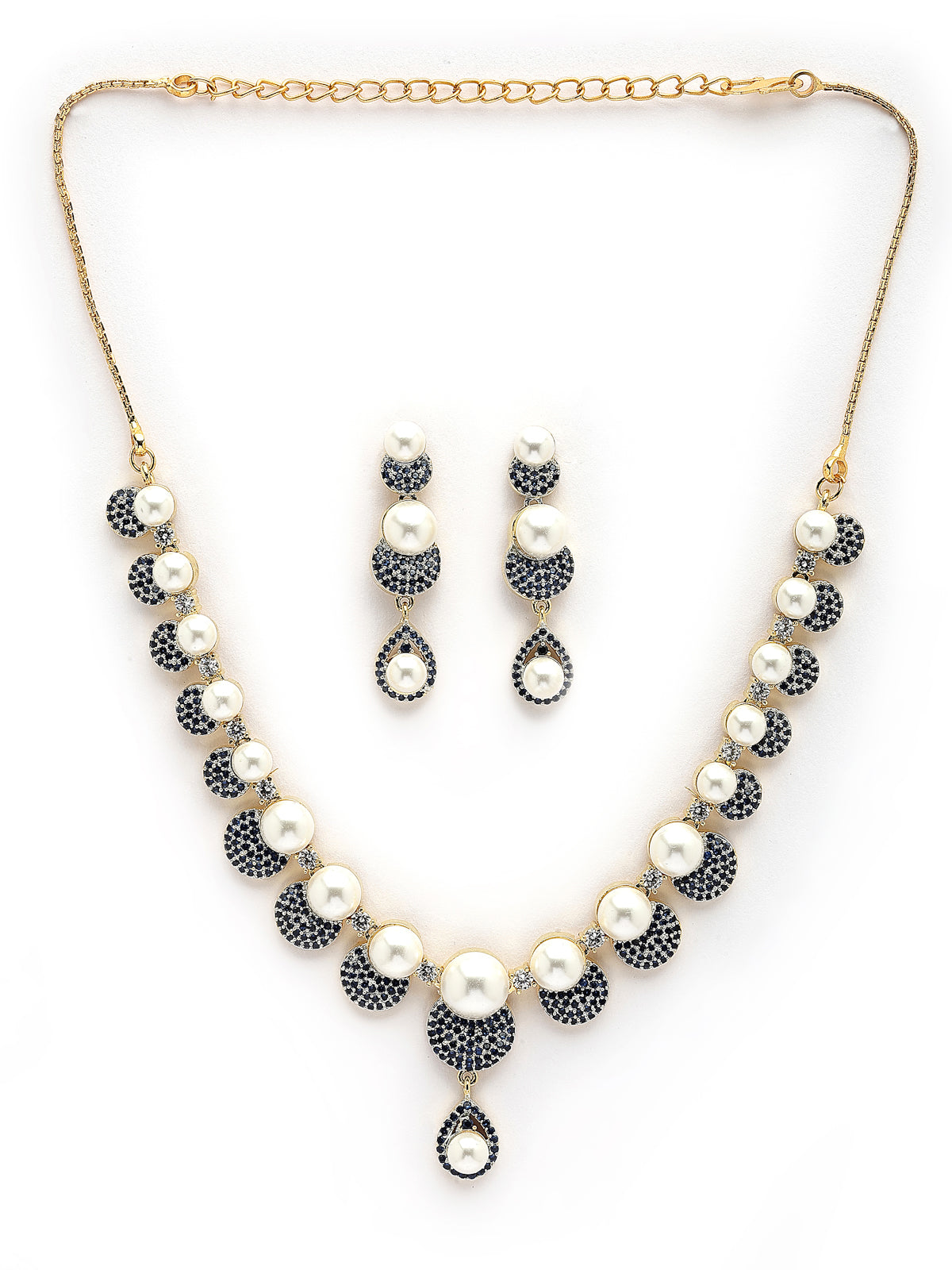 Sukkhi Splendid Geometric Design Gold Plated with Cubic Zirconia & Pearl Studded Blue Brass Collar Necklace with Drop Earrings Jewellery Set for Women|Latest Stylish Gifts for All Occasions|NS116032