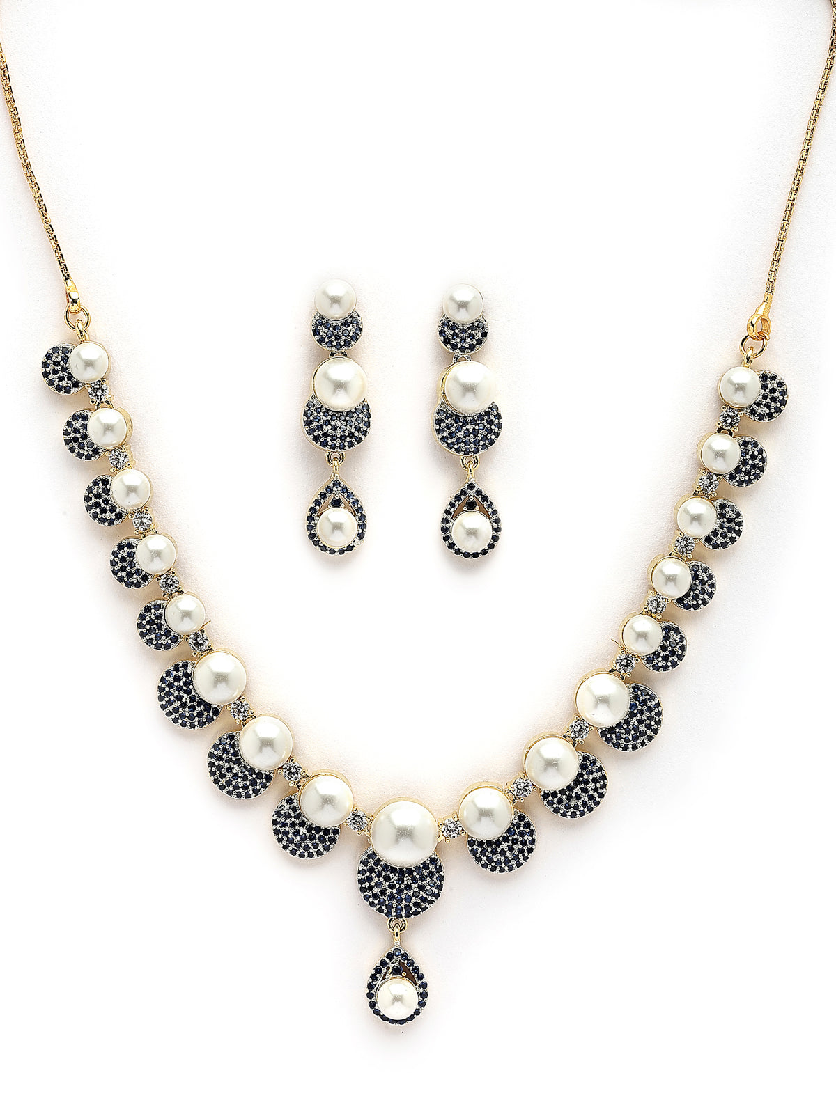 Sukkhi Splendid Geometric Design Gold Plated with Cubic Zirconia & Pearl Studded Blue Brass Collar Necklace with Drop Earrings Jewellery Set for Women|Latest Stylish Gifts for All Occasions|NS116032