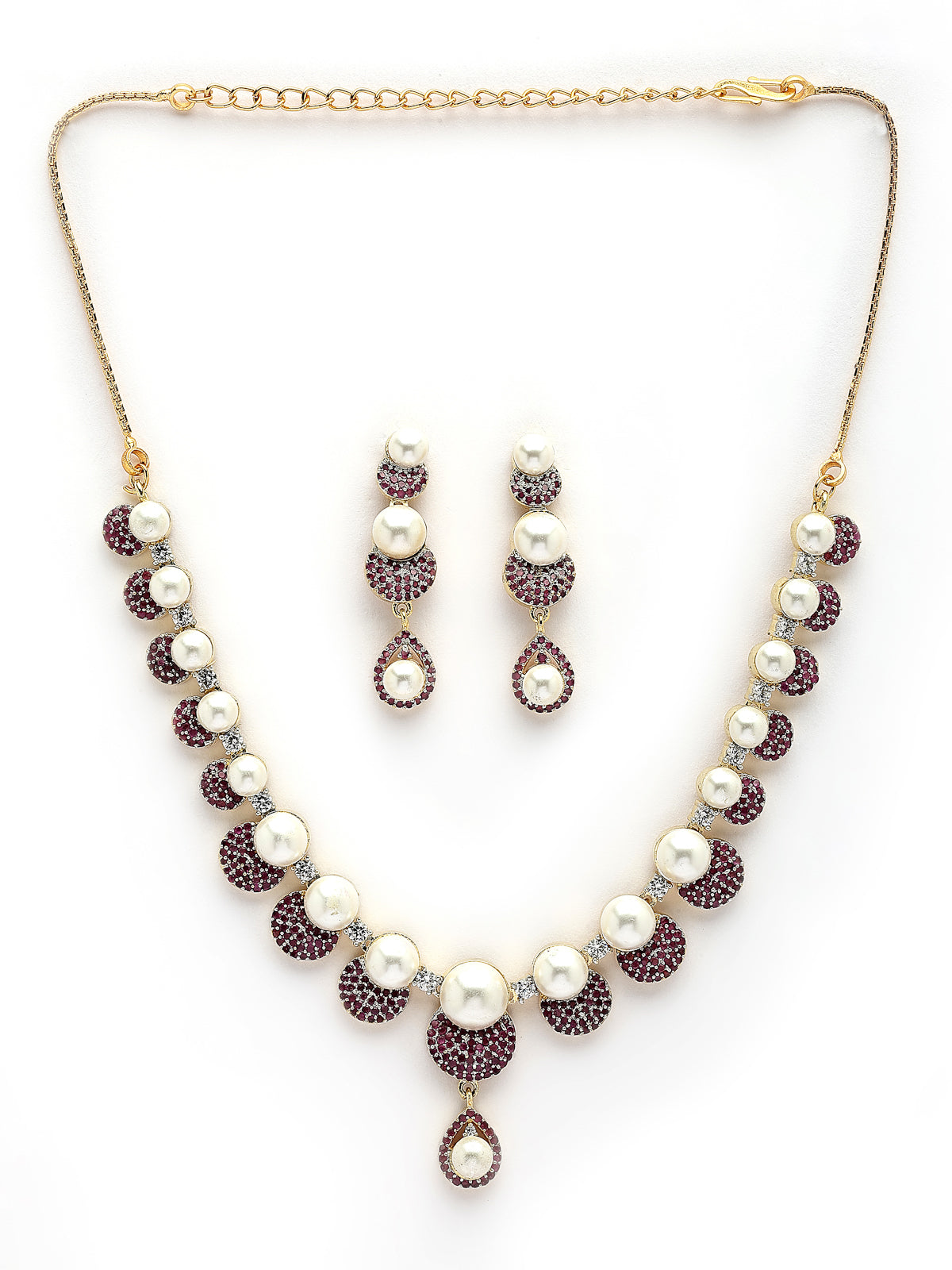 Sukkhi Sparkling Round Design Gold Plated with Cubic Zirconia & Pearl Studded Red Brass Collar Necklace with Drop Earrings Jewellery Set for Women|Latest Stylish Gifts for All Occasions|NS116033