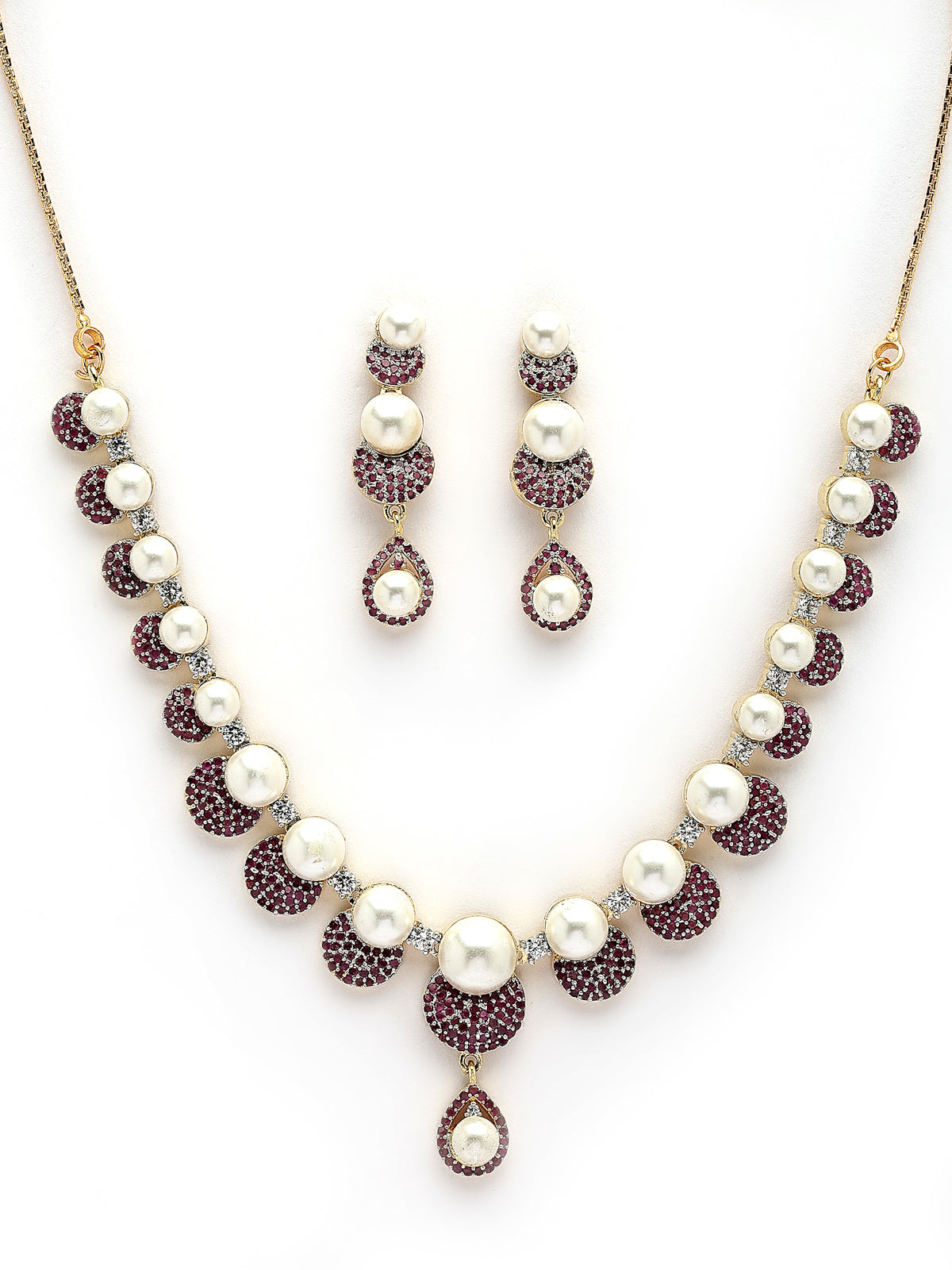 Sukkhi Sparkling Round Design Gold Plated with Cubic Zirconia & Pearl Studded Red Brass Collar Necklace with Drop Earrings Jewellery Set for Women|Latest Stylish Gifts for All Occasions|NS116033