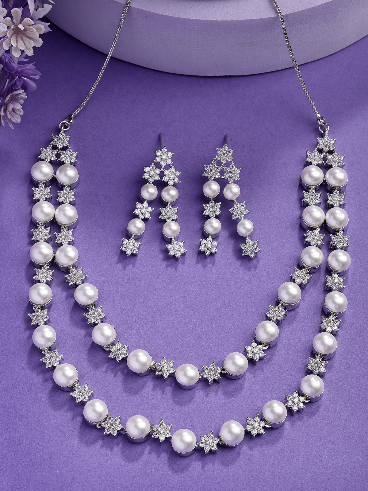 Sukkhi Iconic Floral Design Rhodium Plated with CZ & Pearl Studded Brass White Two Layered Collar Necklace with Drop Earrings Jewellery Set for Women|Latest Stylish Gifts for All Occasions|NS116034