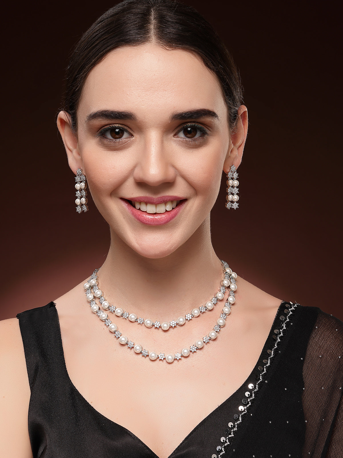 Sukkhi Iconic Floral Design Rhodium Plated with CZ & Pearl Studded Brass White Two Layered Collar Necklace with Drop Earrings Jewellery Set for Women|Latest Stylish Gifts for All Occasions|NS116034