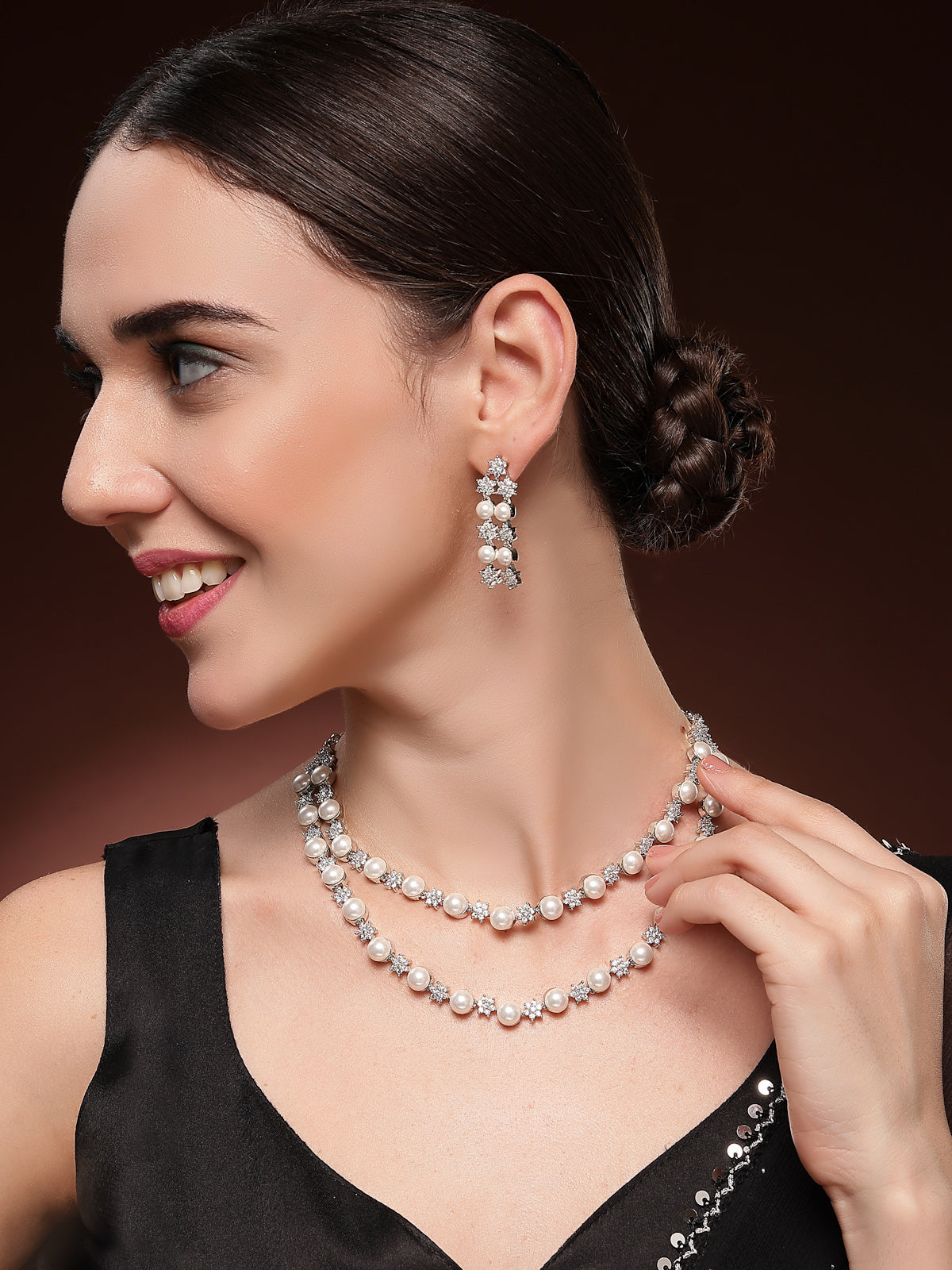 Sukkhi Iconic Floral Design Rhodium Plated with CZ & Pearl Studded Brass White Two Layered Collar Necklace with Drop Earrings Jewellery Set for Women|Latest Stylish Gifts for All Occasions|NS116034