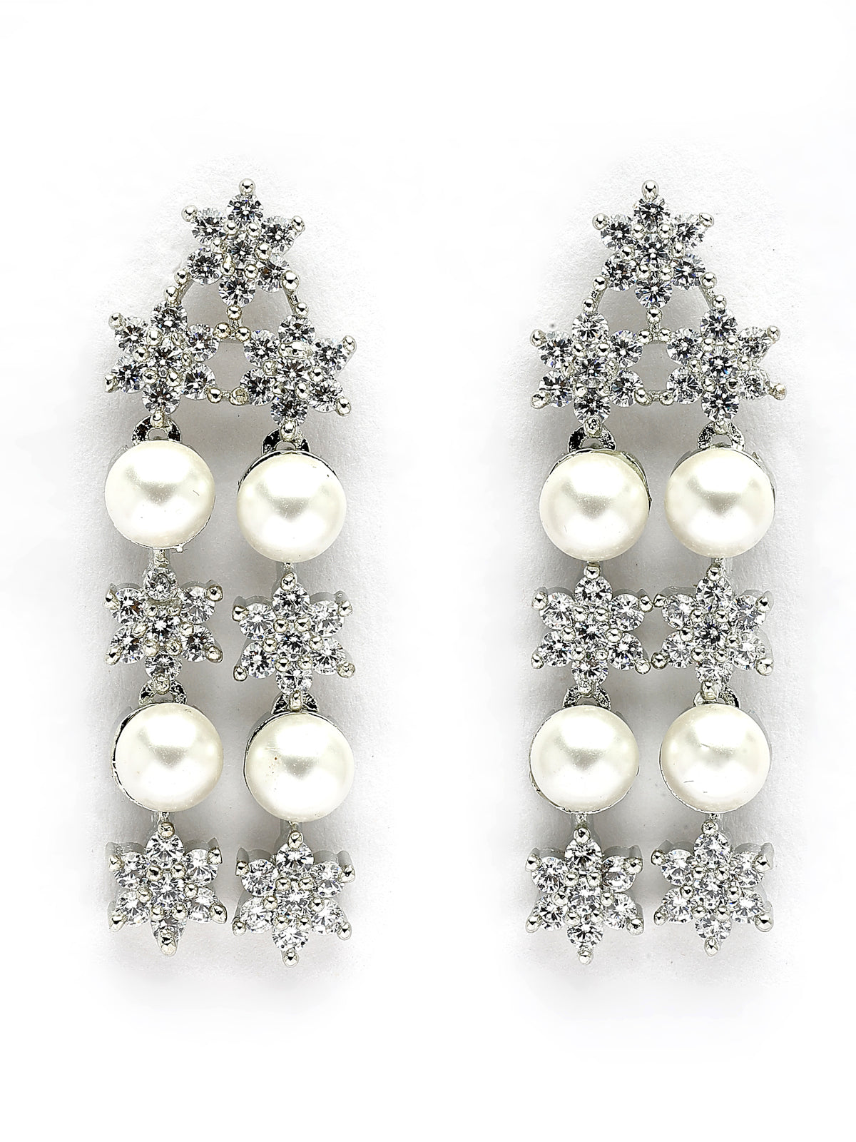 Sukkhi Iconic Floral Design Rhodium Plated with CZ & Pearl Studded Brass White Two Layered Collar Necklace with Drop Earrings Jewellery Set for Women|Latest Stylish Gifts for All Occasions|NS116034