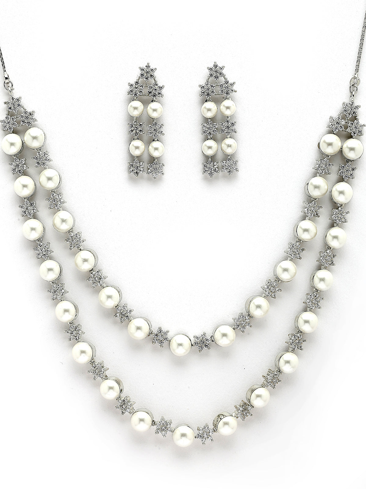 Sukkhi Iconic Floral Design Rhodium Plated with CZ & Pearl Studded Brass White Two Layered Collar Necklace with Drop Earrings Jewellery Set for Women|Latest Stylish Gifts for All Occasions|NS116034