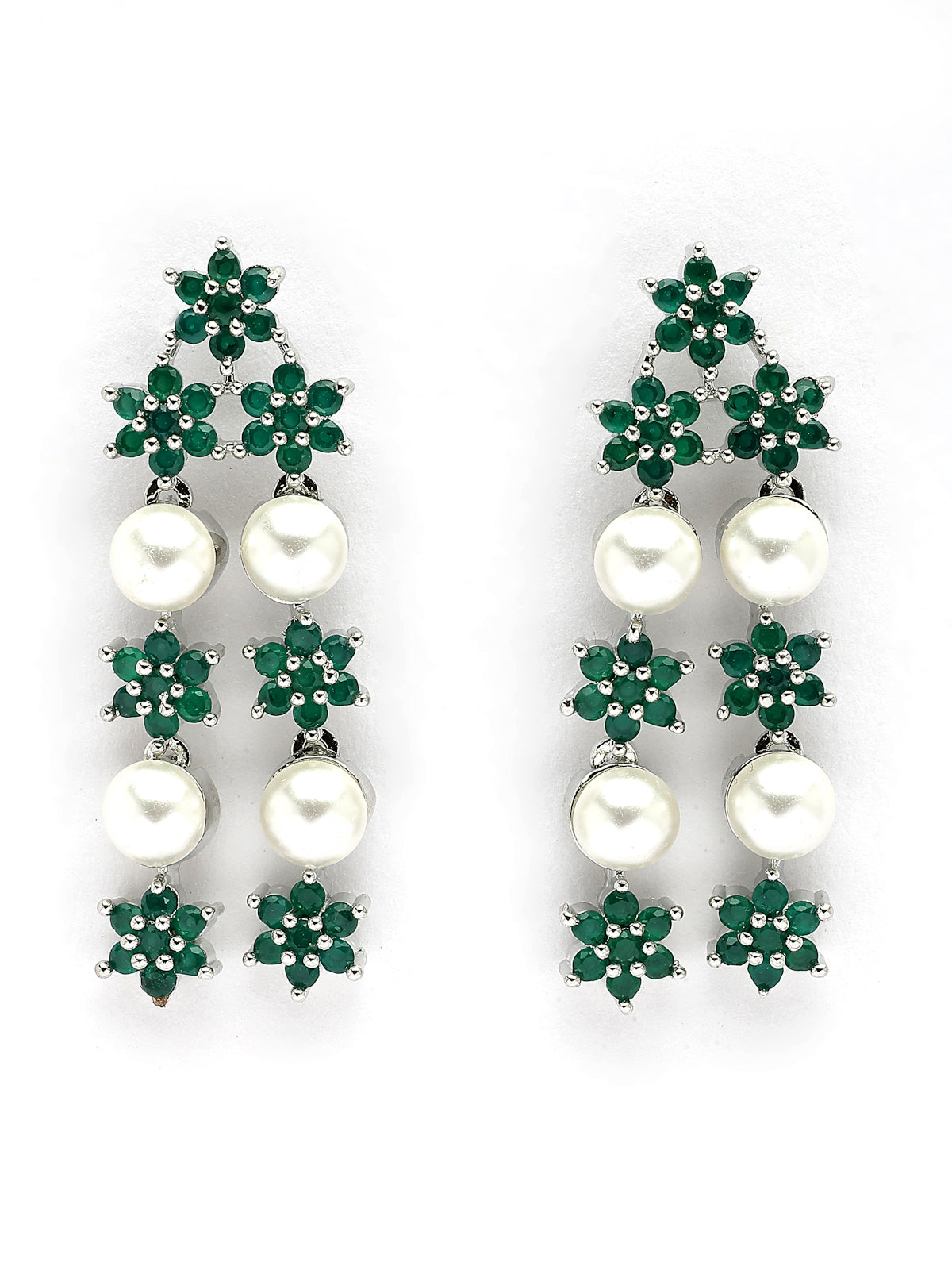 Sukkhi Floral Design Rhodium Plated with CZ & Pearl Studded Brass Emerald Green Two Layered Collar Necklace with Drop Earrings Jewellery Set for Women|Latest Stylish Gifts for All Occasions|NS116035