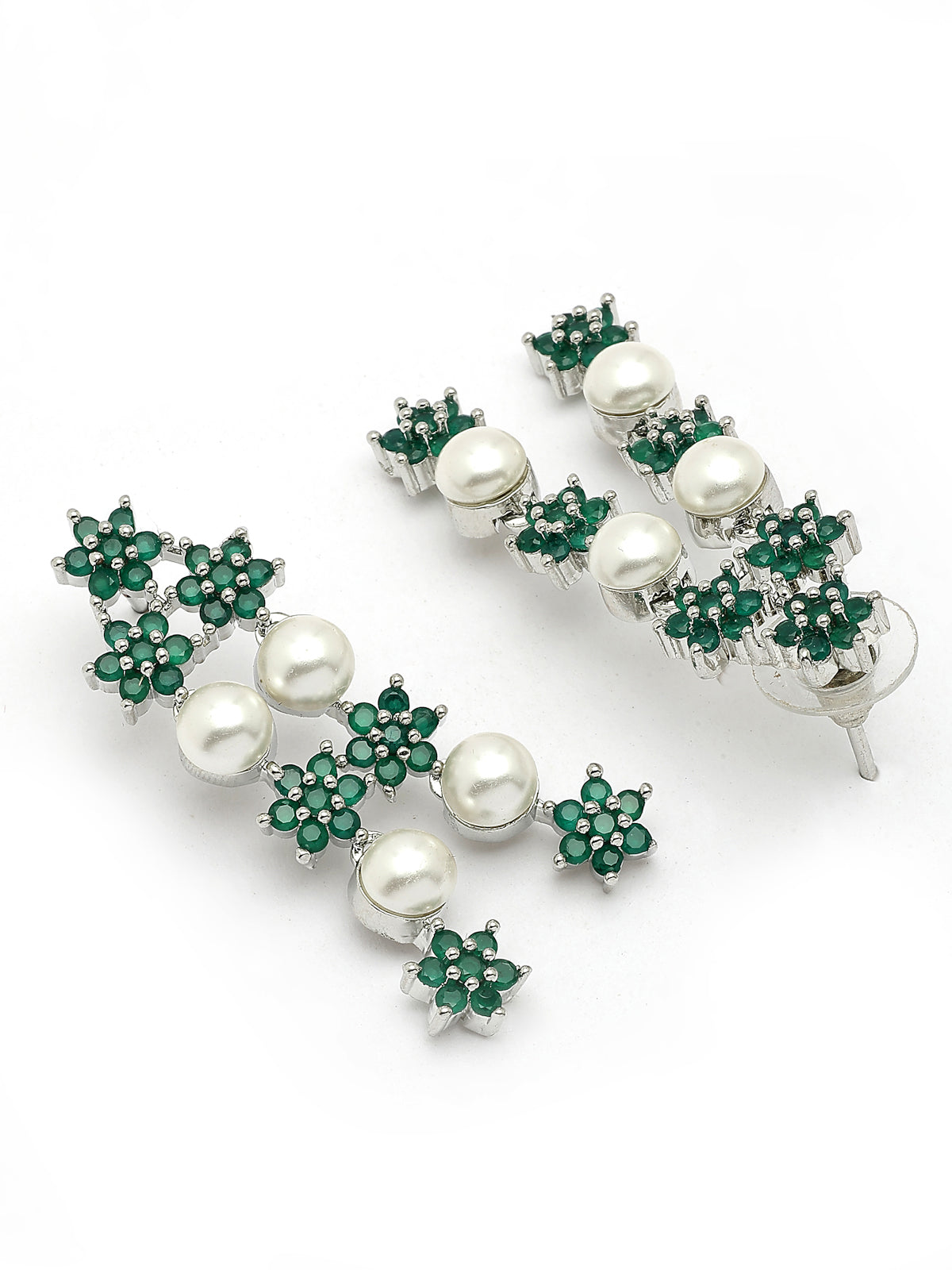 Sukkhi Floral Design Rhodium Plated with CZ & Pearl Studded Brass Emerald Green Two Layered Collar Necklace with Drop Earrings Jewellery Set for Women|Latest Stylish Gifts for All Occasions|NS116035