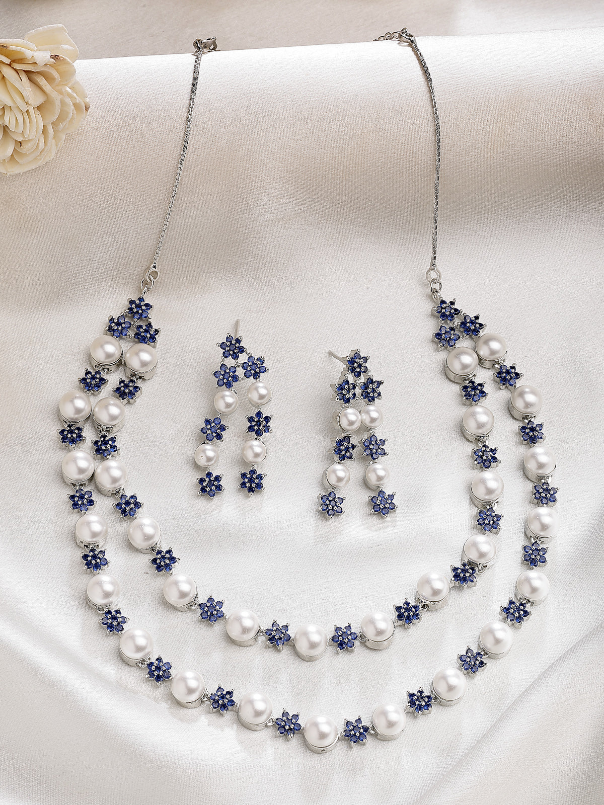 Sukkhi Desirable Blue Floral Design Rhodium Plated with CZ & Pearl Studded Brass Two Layered Collar Necklace with Drop Earrings Jewellery Set for Women|Latest Stylish Gifts for All Occasions|NS116036