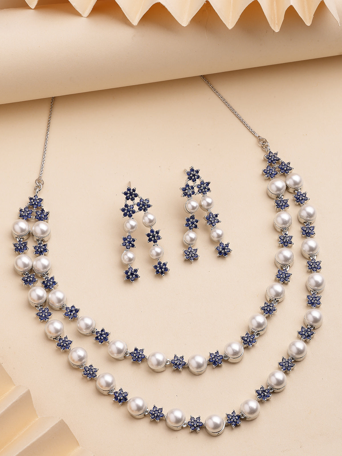 Sukkhi Desirable Blue Floral Design Rhodium Plated with CZ & Pearl Studded Brass Two Layered Collar Necklace with Drop Earrings Jewellery Set for Women|Latest Stylish Gifts for All Occasions|NS116036