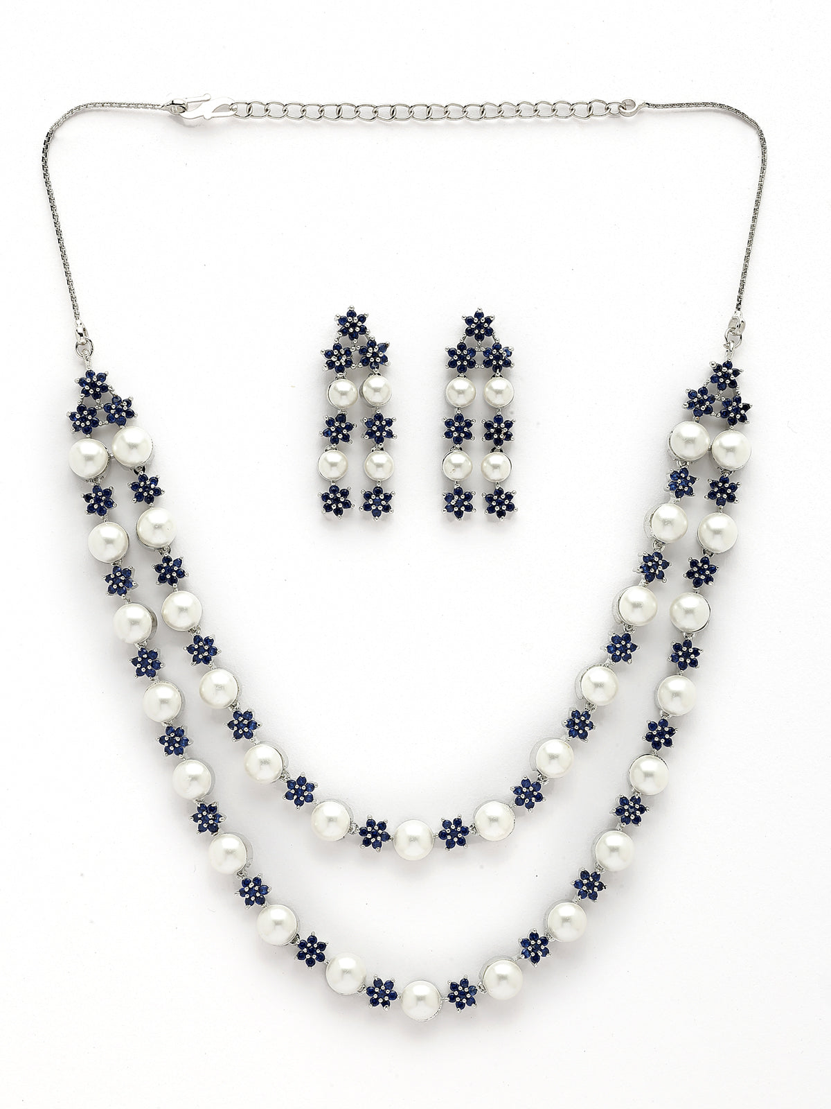 Sukkhi Desirable Blue Floral Design Rhodium Plated with CZ & Pearl Studded Brass Two Layered Collar Necklace with Drop Earrings Jewellery Set for Women|Latest Stylish Gifts for All Occasions|NS116036