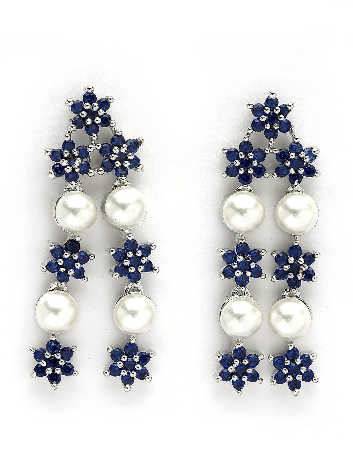 Sukkhi Desirable Blue Floral Design Rhodium Plated with CZ & Pearl Studded Brass Two Layered Collar Necklace with Drop Earrings Jewellery Set for Women|Latest Stylish Gifts for All Occasions|NS116036